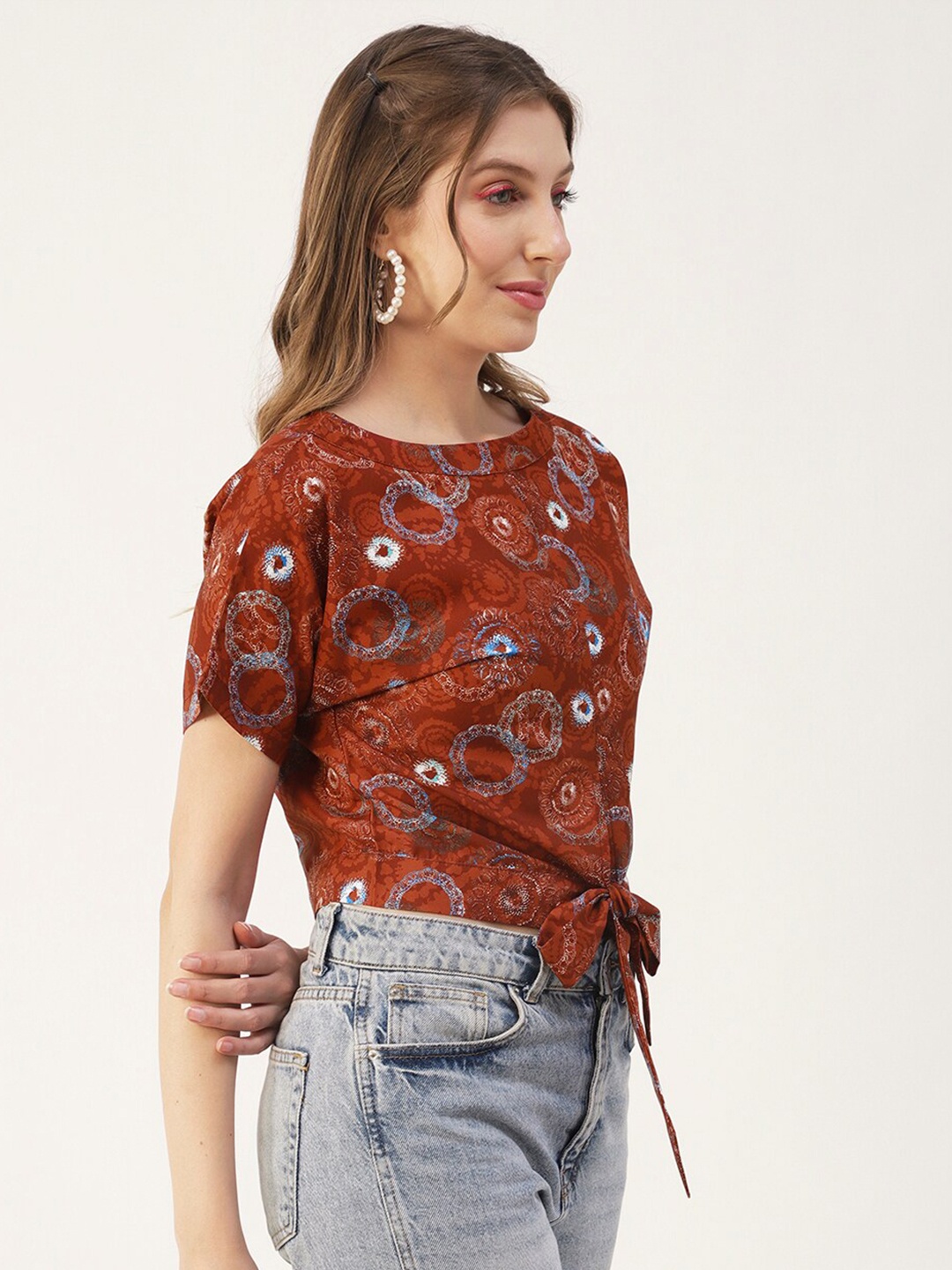 

Moomaya Geometric Printed Extended Sleeves Waist Tie Ups Top, Rust