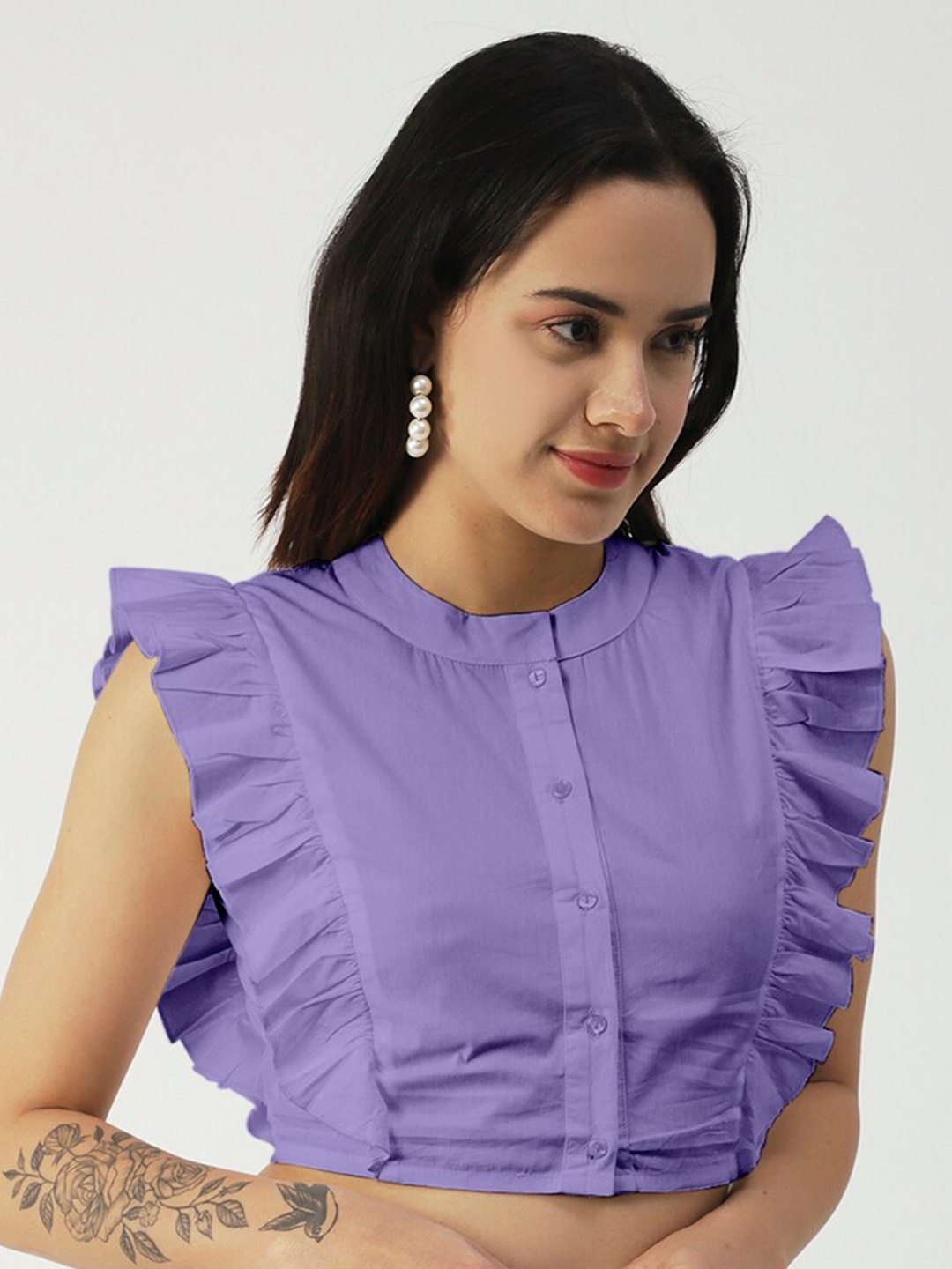

Moomaya Mandarin Collar Ruffled Cotton Shirt Style Crop Top, Purple