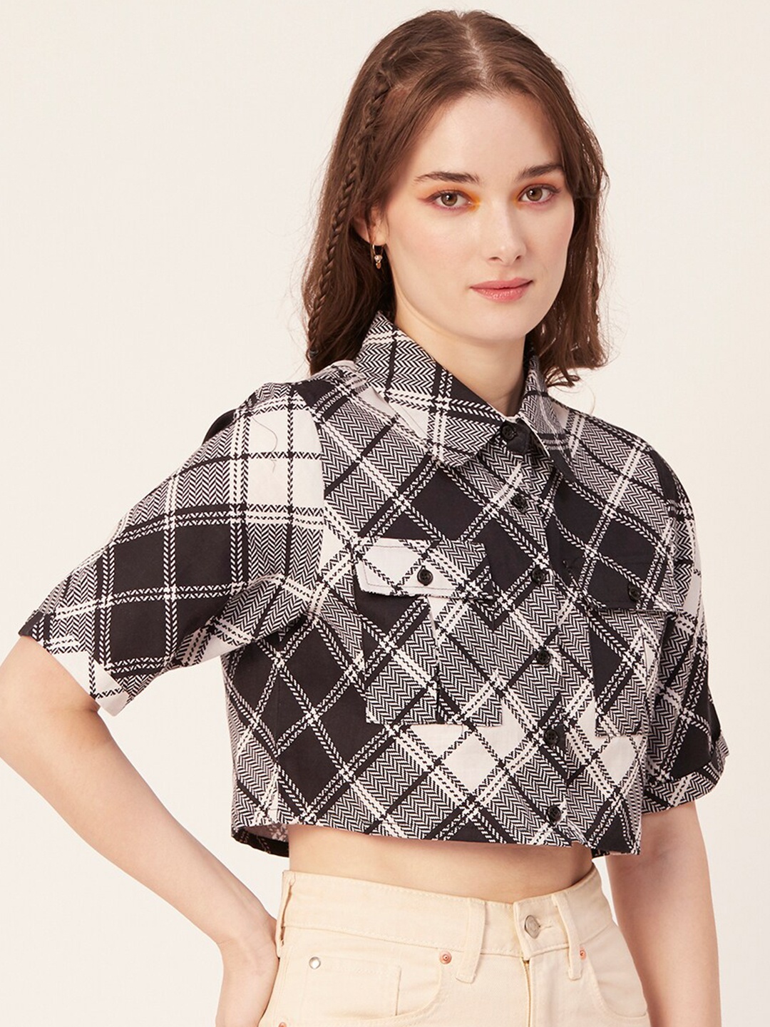 

Moomaya Checked Shirt Style Crop Top, Black