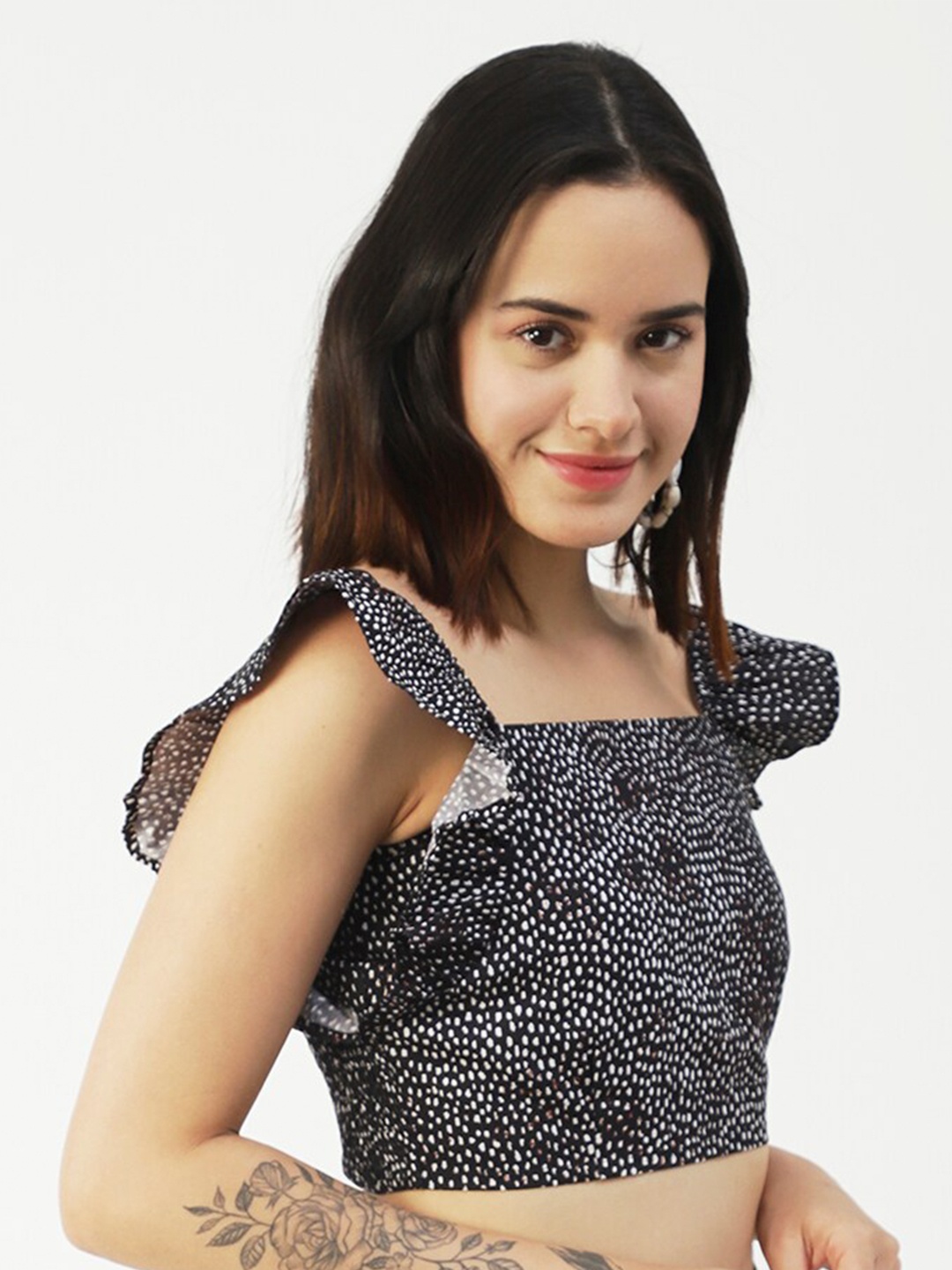 

Moomaya Abstrac Printed Flutter Sleeves Cotton Crop Top, Black