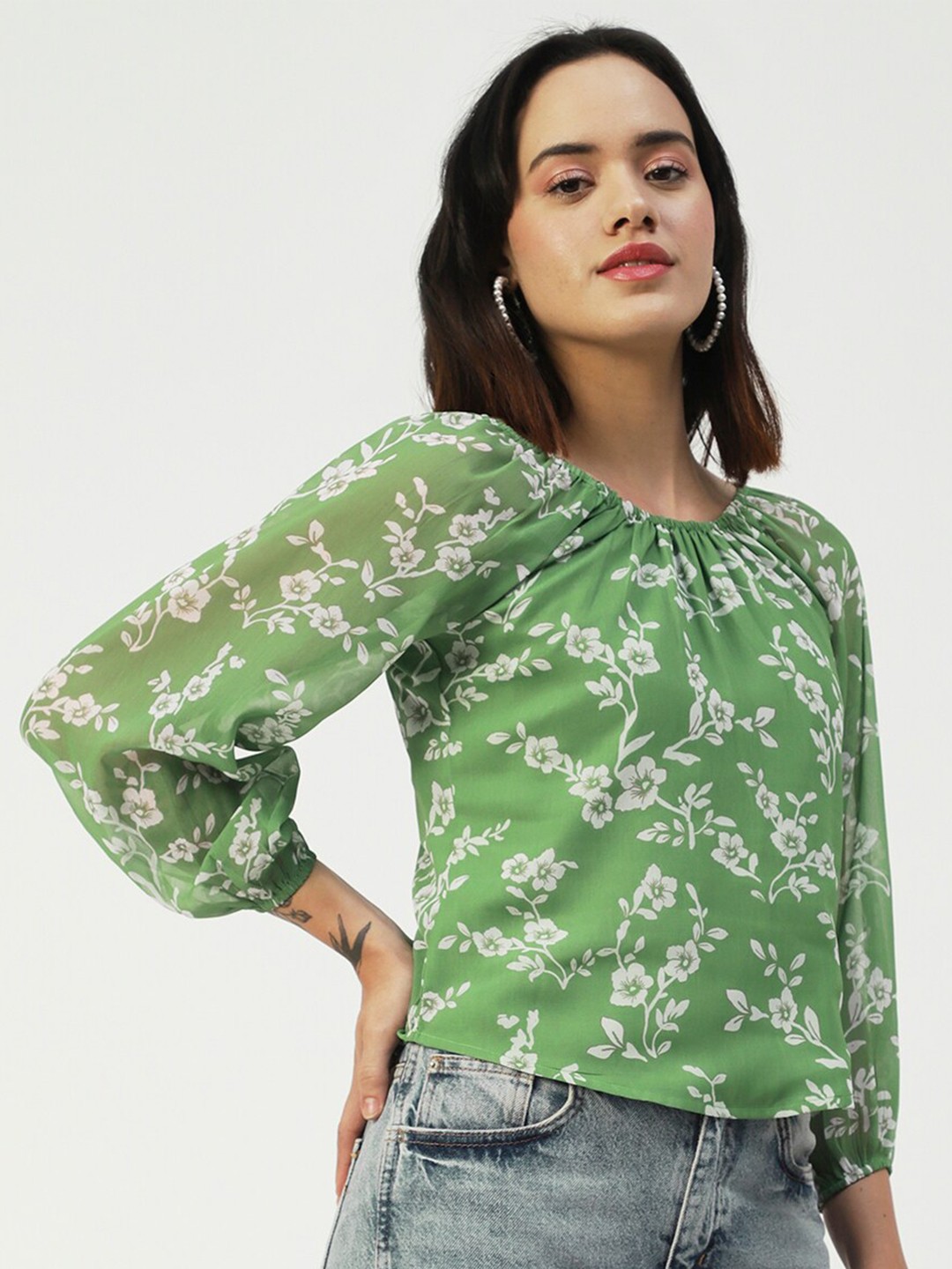 

Moomaya Animal Printed Raglan Sleeves Gathered Top, Green