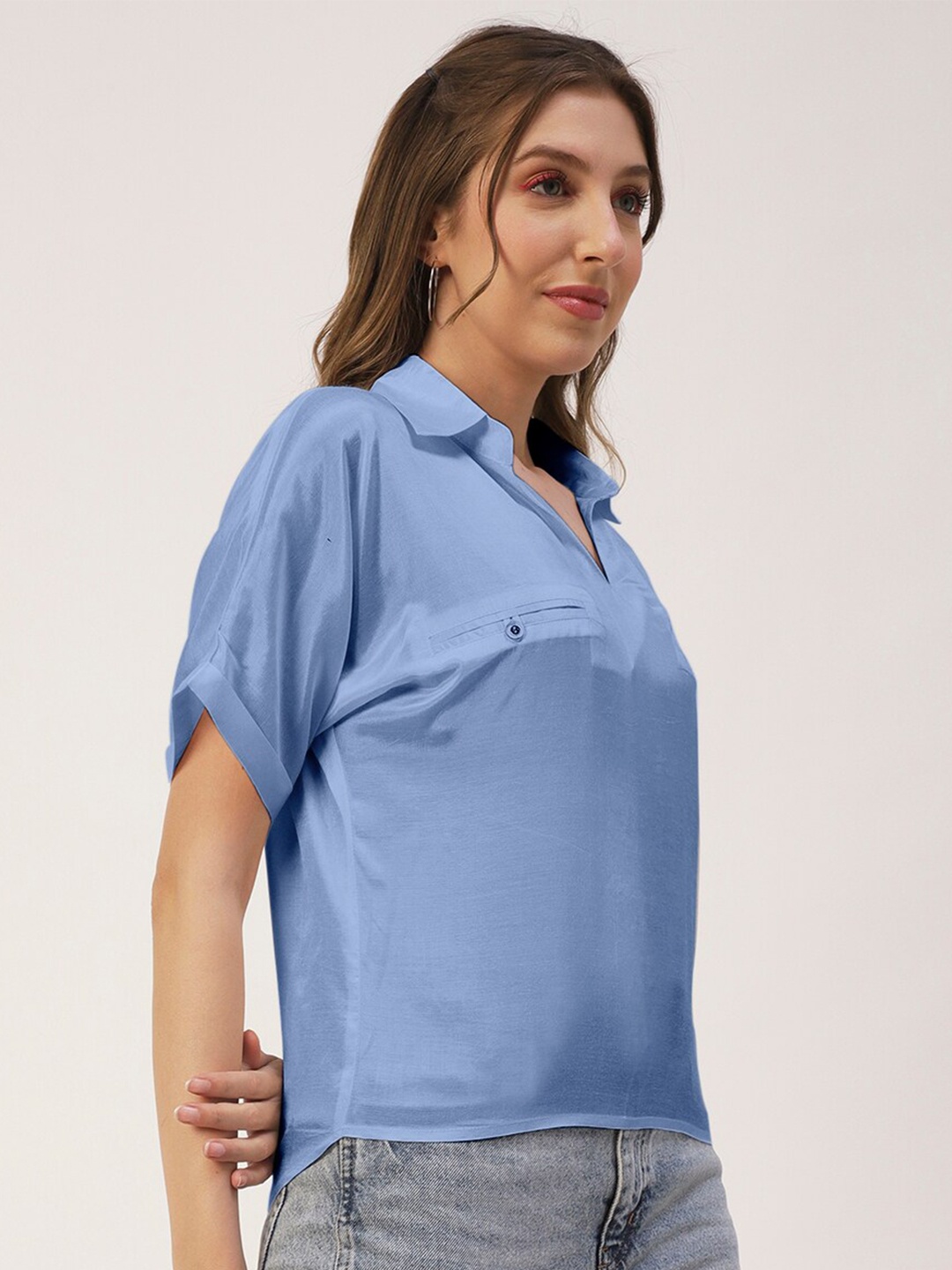 

Moomaya Shirt Collar Extended Sleeves Modal Top, Blue