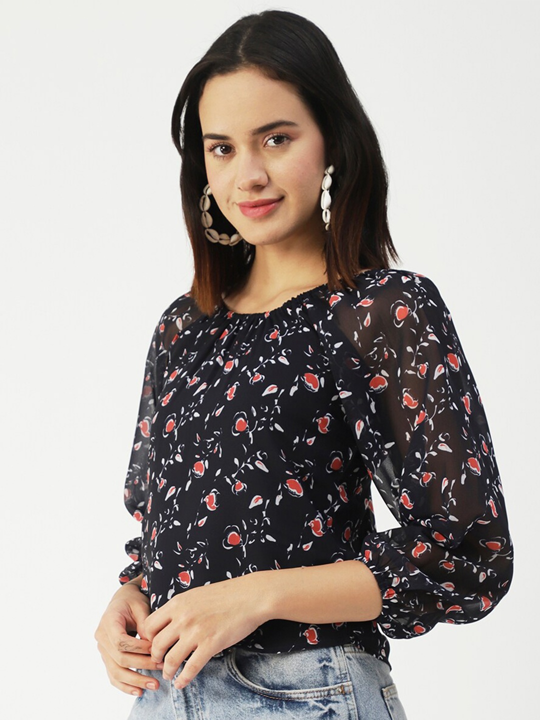

Moomaya Animal Printed Raglan Sleeves Gathered Top, Navy blue