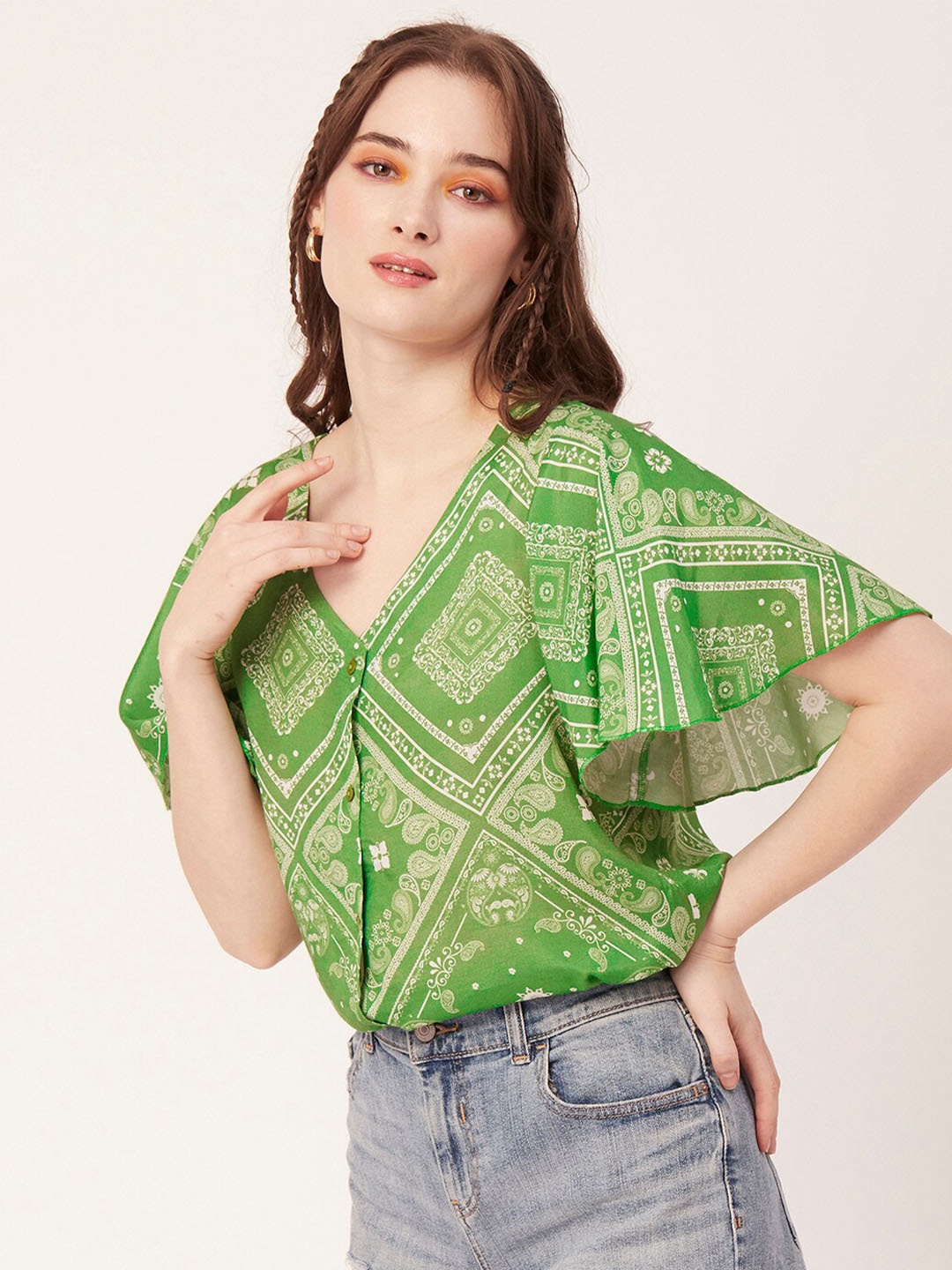 

Moomaya Ethnic Motifs Printed Flared Sleeves Modal Top, Green