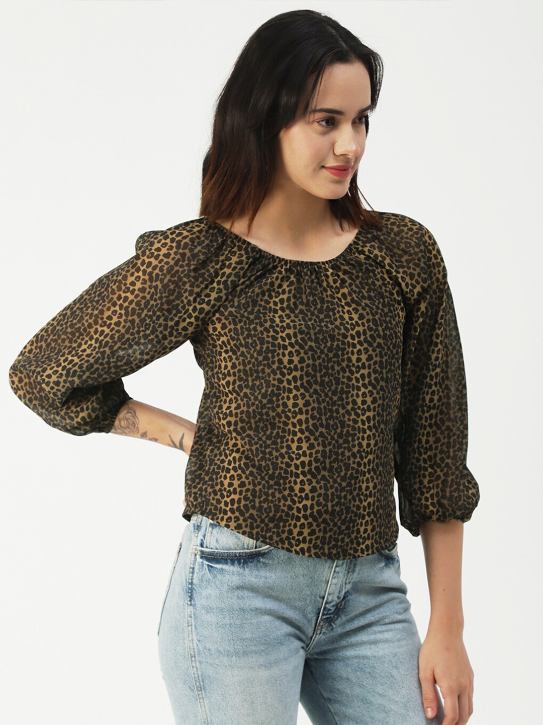 

Moomaya Animal Printed Raglan Sleeves Gathered Top, Green