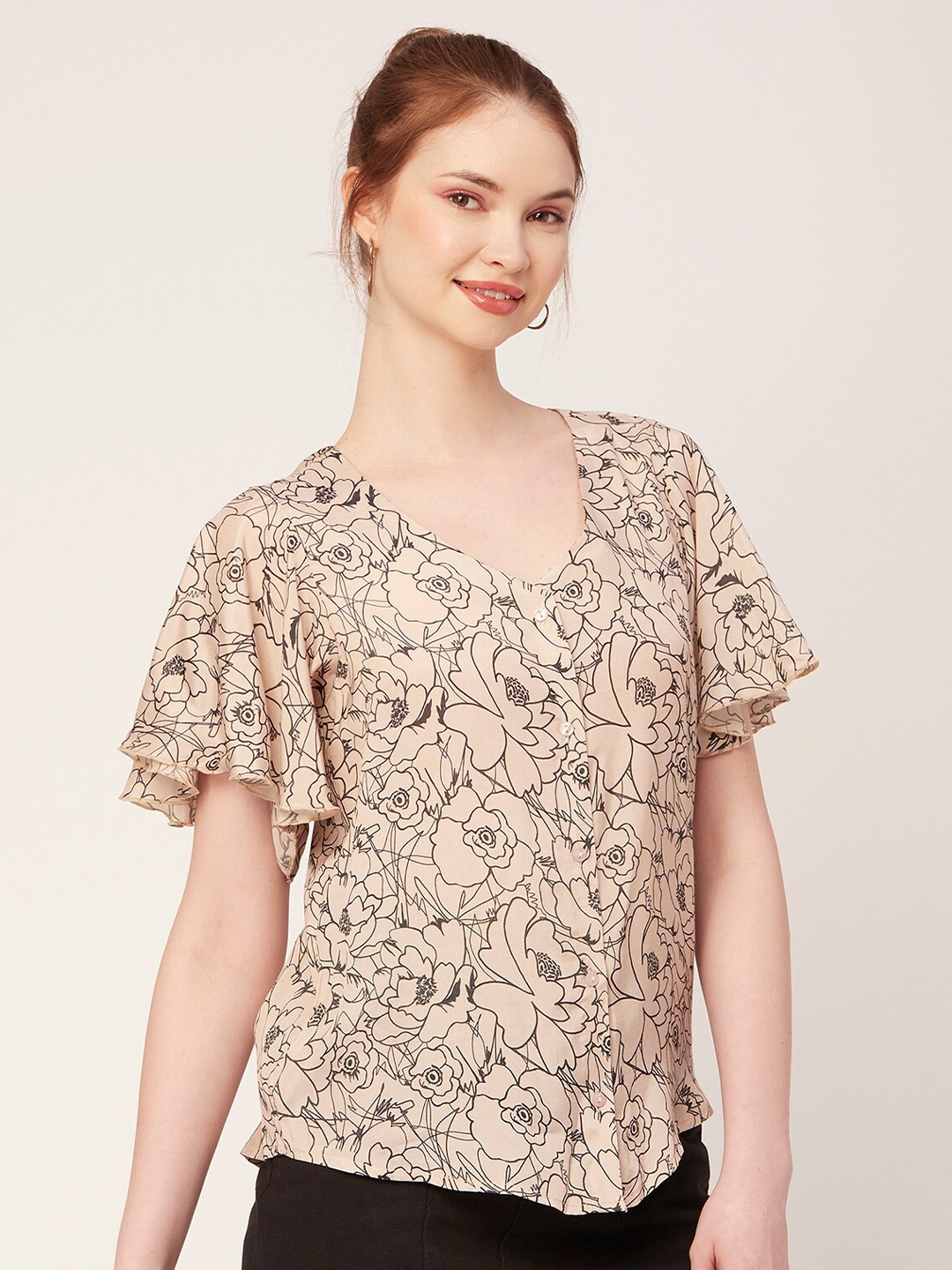 

Moomaya Floral Printed Flared Sleeves Modal Top, Beige