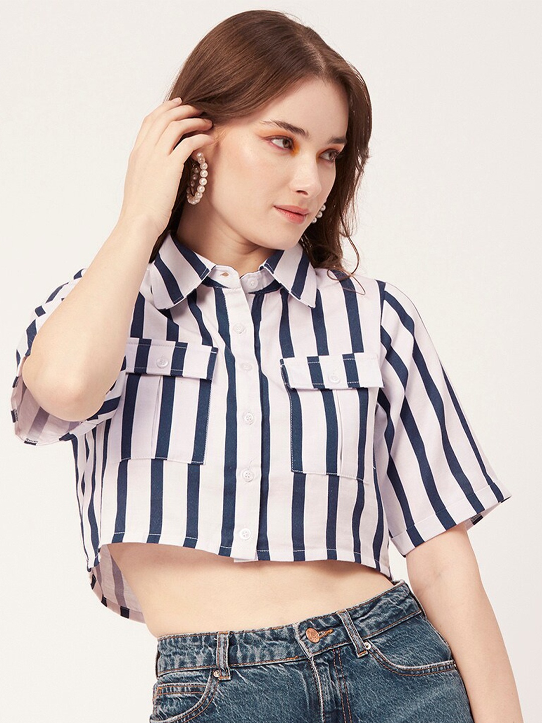 

Moomaya Striped Shirt Style Crop Top, Blue