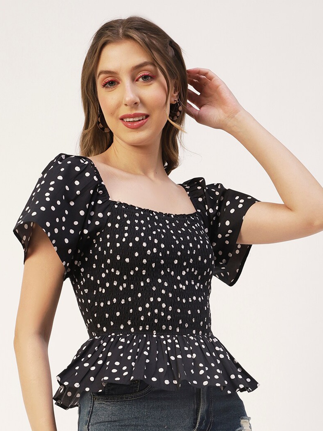 

Moomaya Polka Dot Printed SquareNeck Flared Sleeve Smocking Cotton Peplum Top, Black