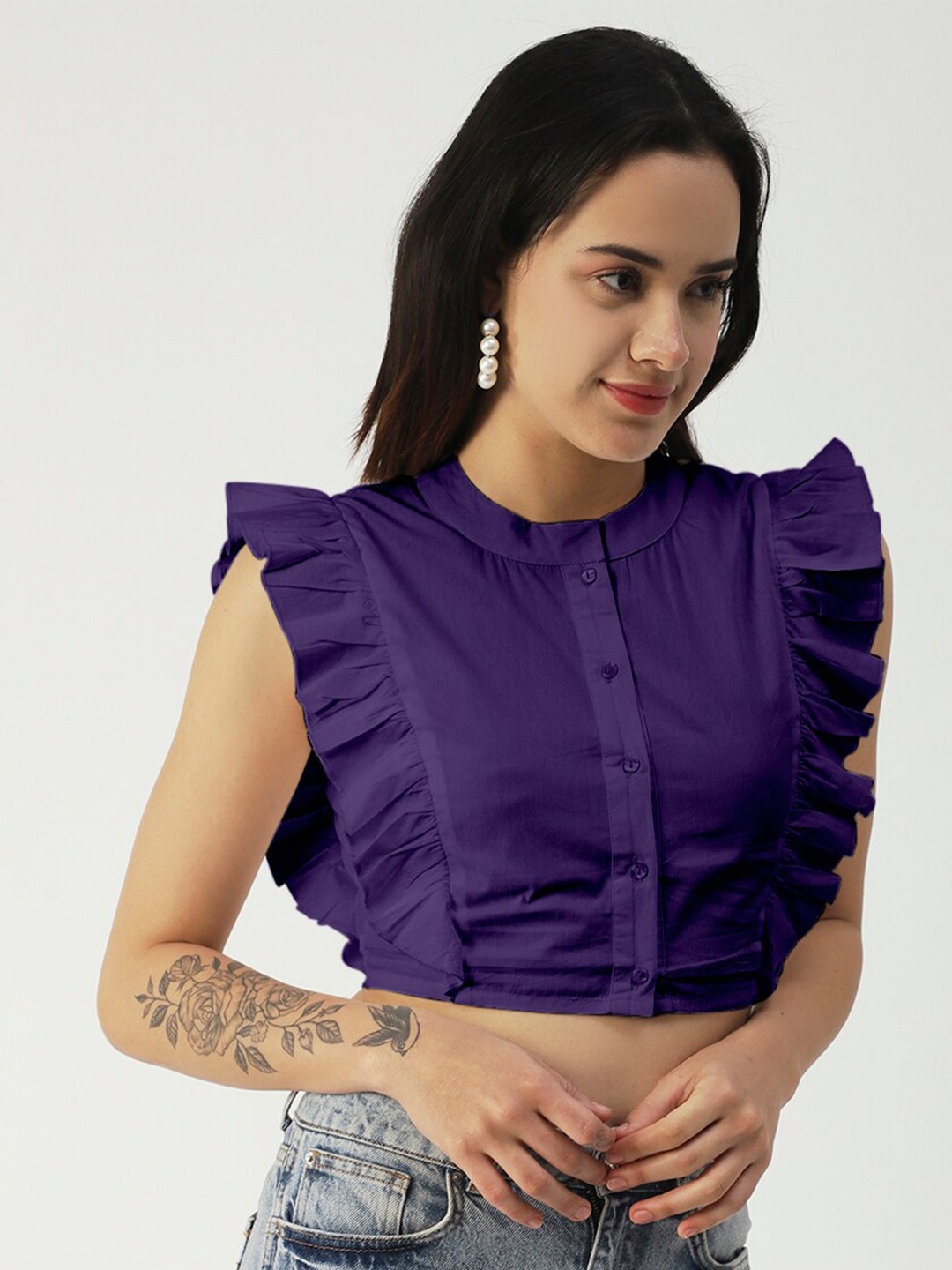 

Moomaya Mandarin Collar Flutter Sleeves Cotton Shirt Style Crop Top, Purple