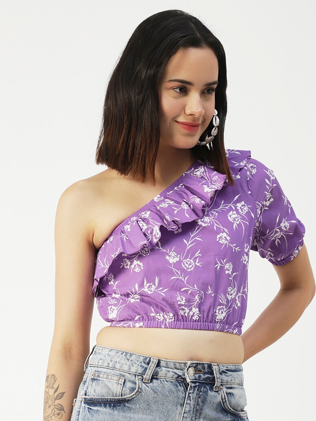 

Moomaya Floral Printed One Shoulder Cotton Cinched Waist Ruffled Crop Top, Purple