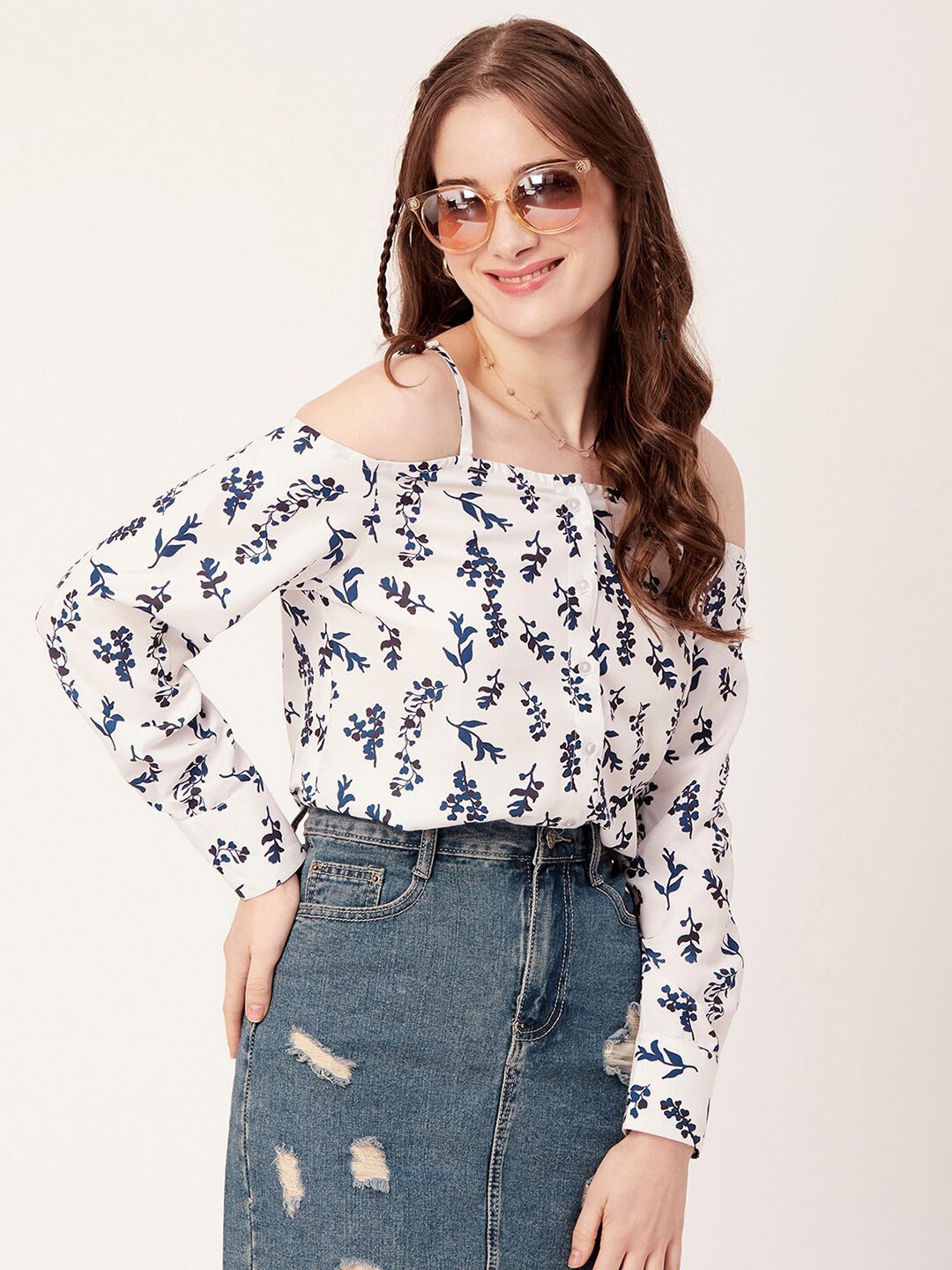 

Moomaya Floral Printed Cold Shoulder Sleeves Top, White