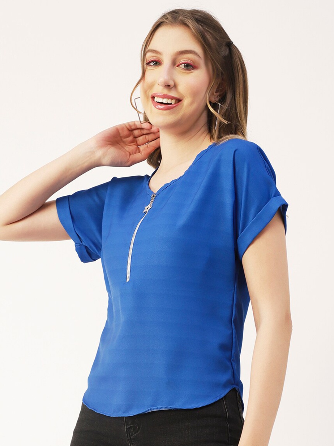 

Moomaya V-Neck Extended Sleeves Top, Blue