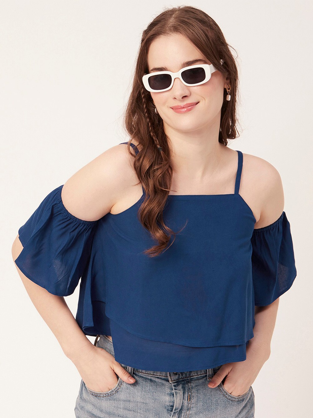 

Moomaya Cold Shoulder Sleeves Crop Top, Teal