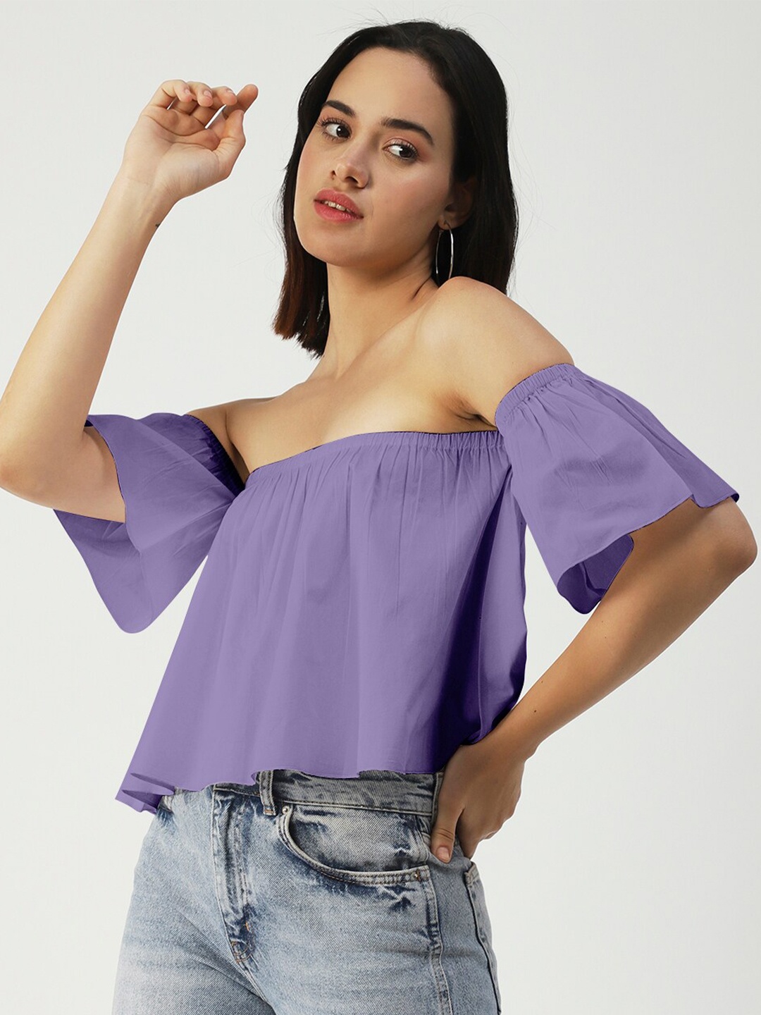 

Moomaya Off-Shoulder Flared Sleeve Cotton Bardot Top, Purple