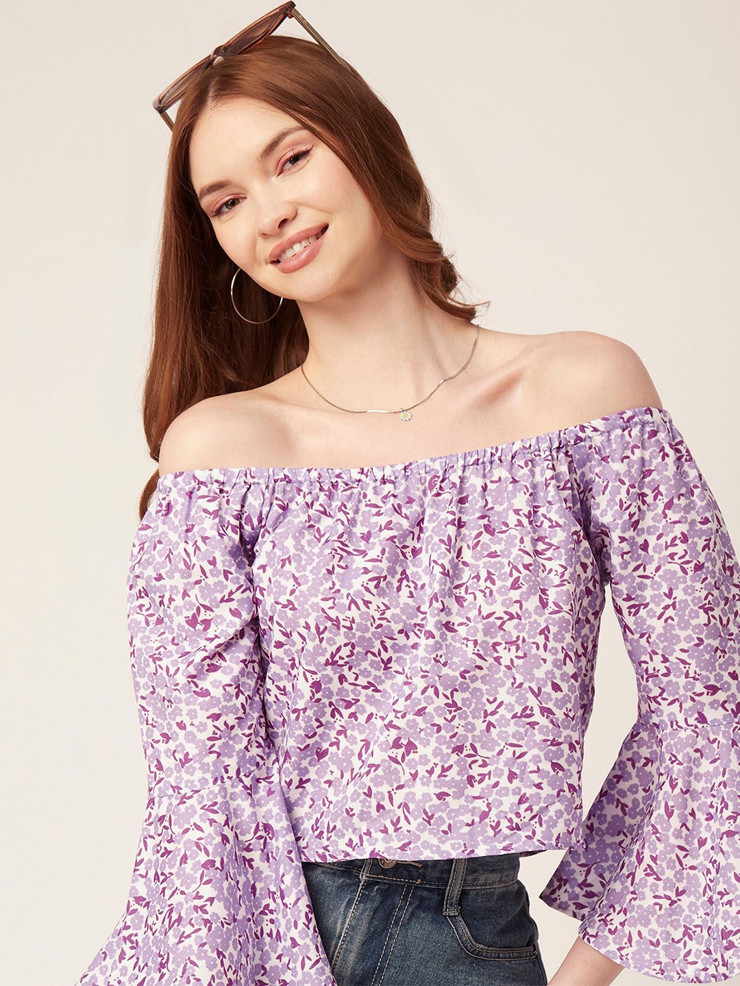 

Moomaya Floral Printed Off-Shoulder Bell Sleeves Bardot Top, Purple