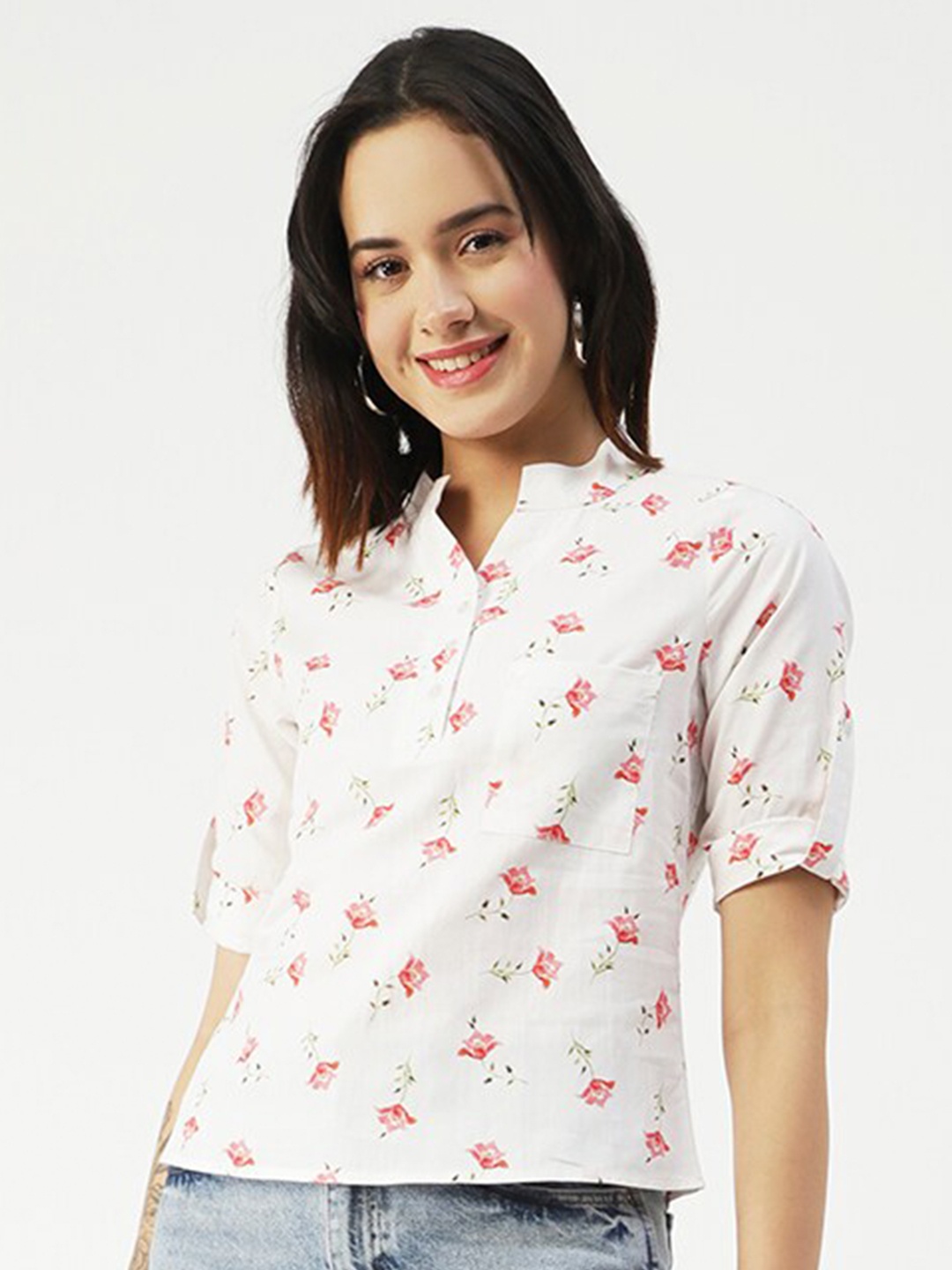 

Moomaya Floral Printed Mandarin Collar Cotton Top, White