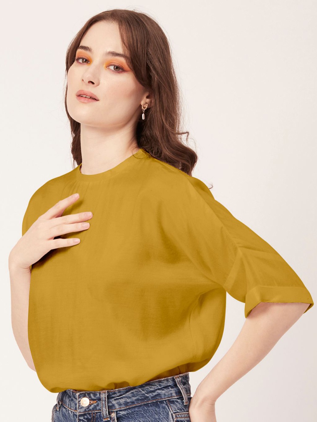 

Moomaya Round Neck Extended Sleeves Modal Top, Yellow