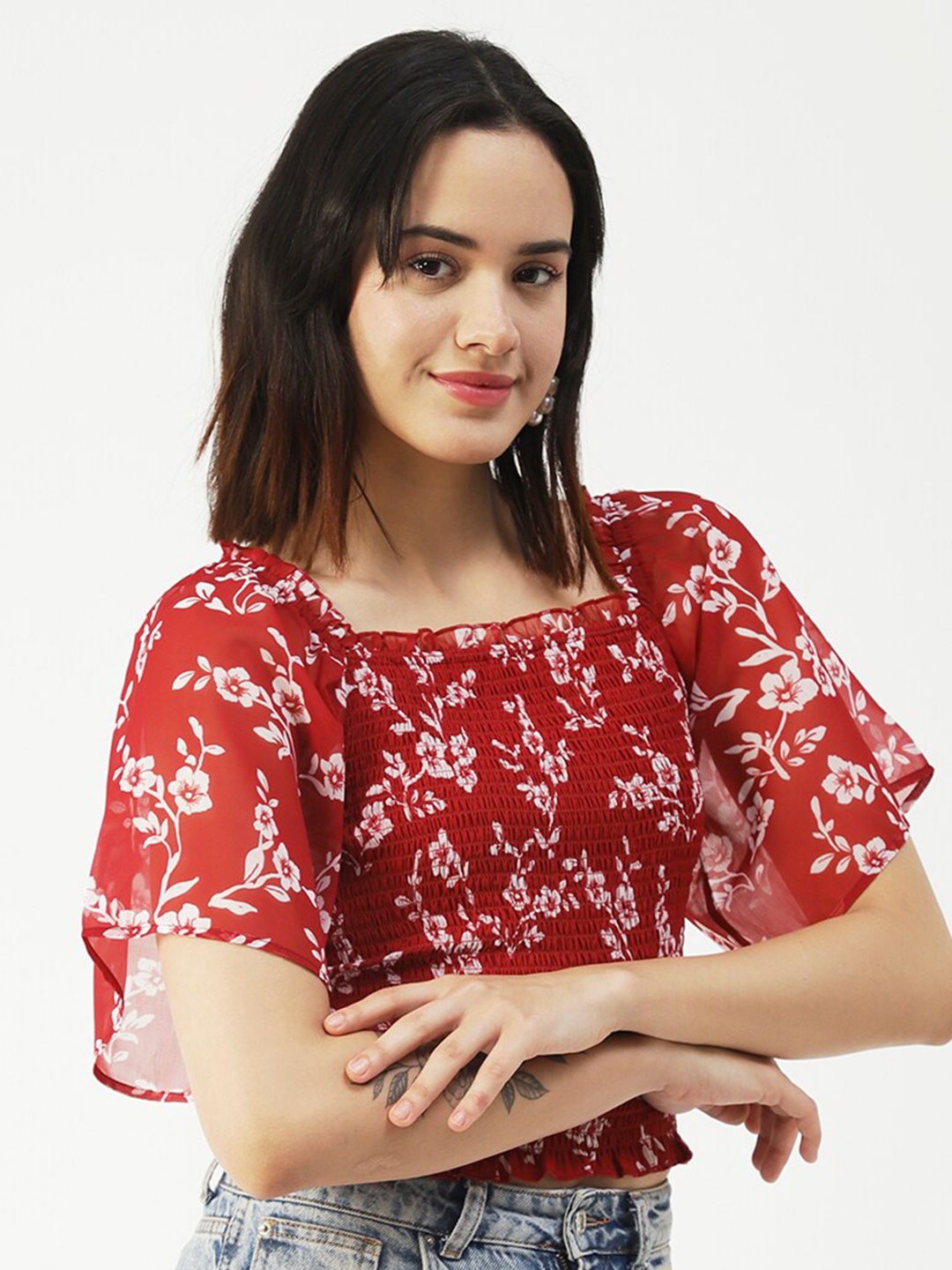 

Moomaya Floral Printed Smocked Flared Sleeves Crop Top, Red