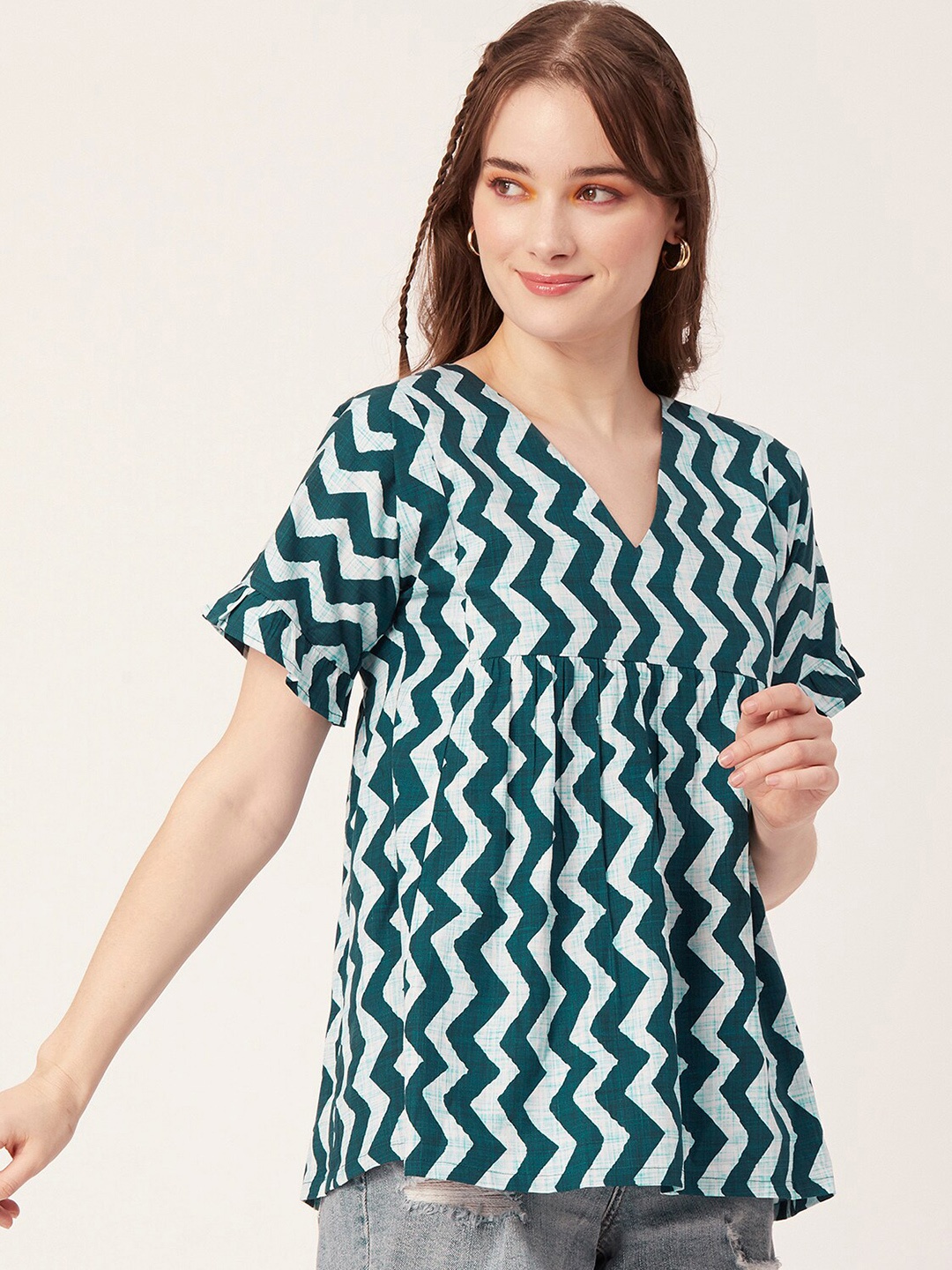 

Moomaya Geometric Printed V-Neck Extended Sleeves Pleated Detail Cotton A-Line Top, Green