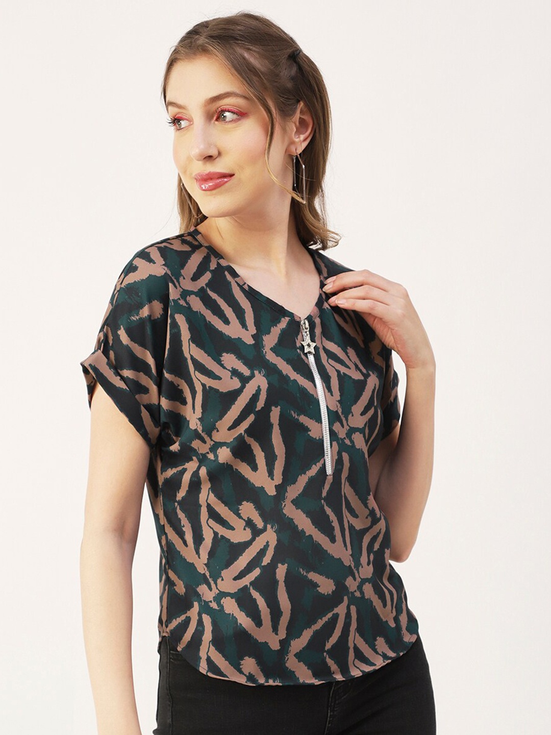 

Moomaya Abstract Printed V-Neck Extended Sleeves Top, Green