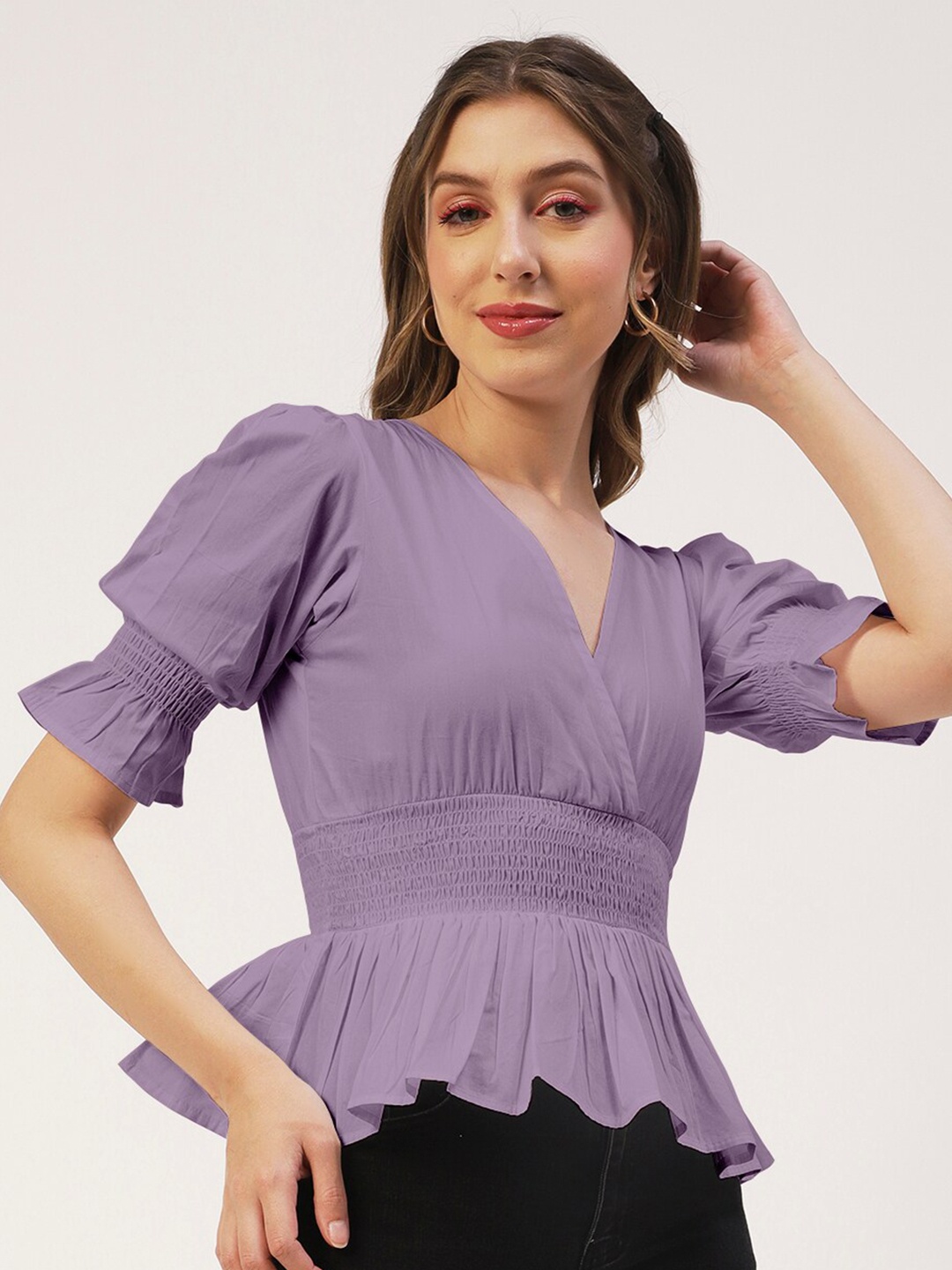 

Moomaya V-Neck Puff Sleeves Smocked Cotton Cinched Waist Top, Purple