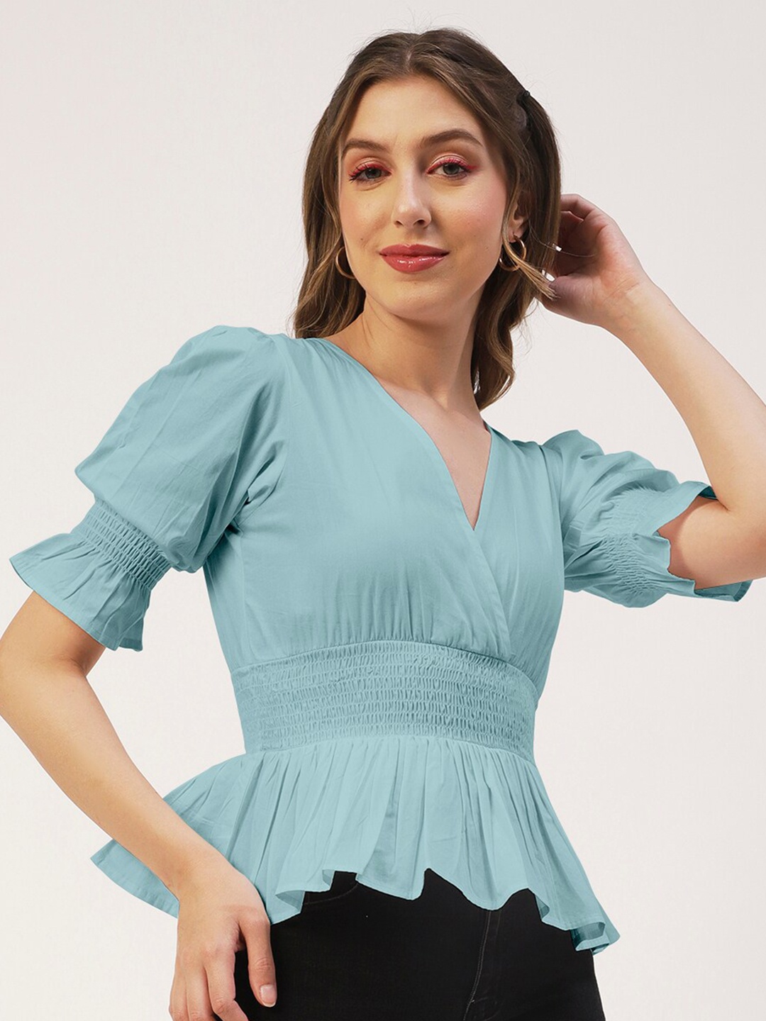 

Moomaya V-Neck Puff Sleeves Smocked Cotton Cinched Waist Top, Blue