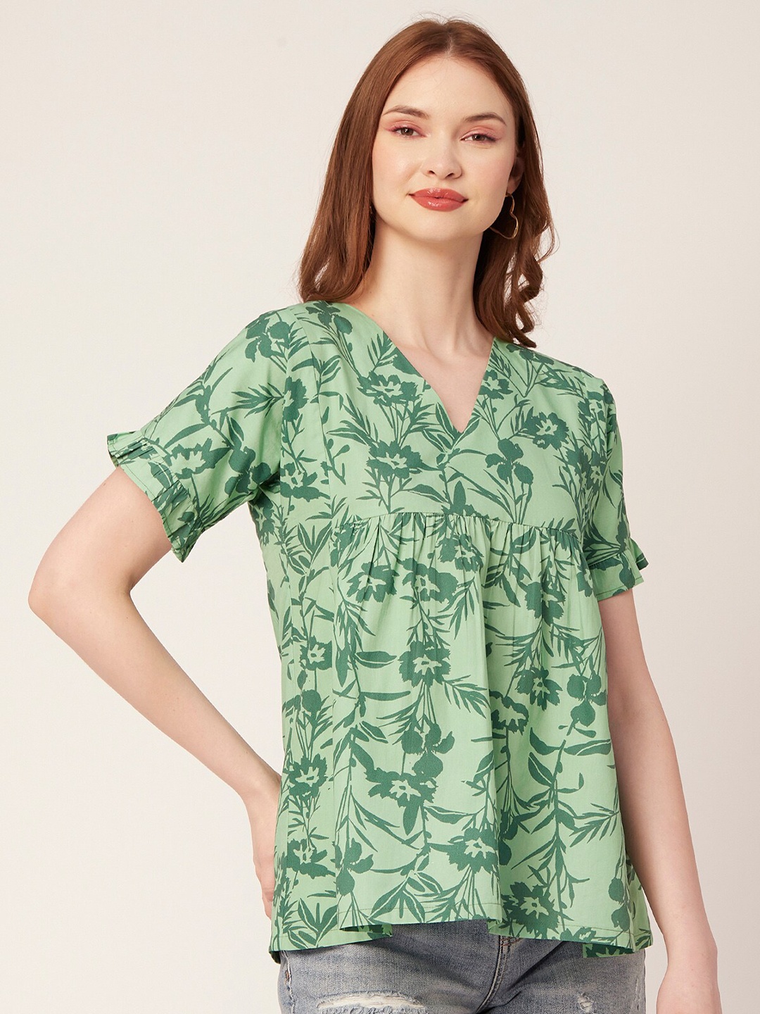 

Moomaya Tropical Printed V-Neck Extended Sleeves Cotton A-Line Top, Green