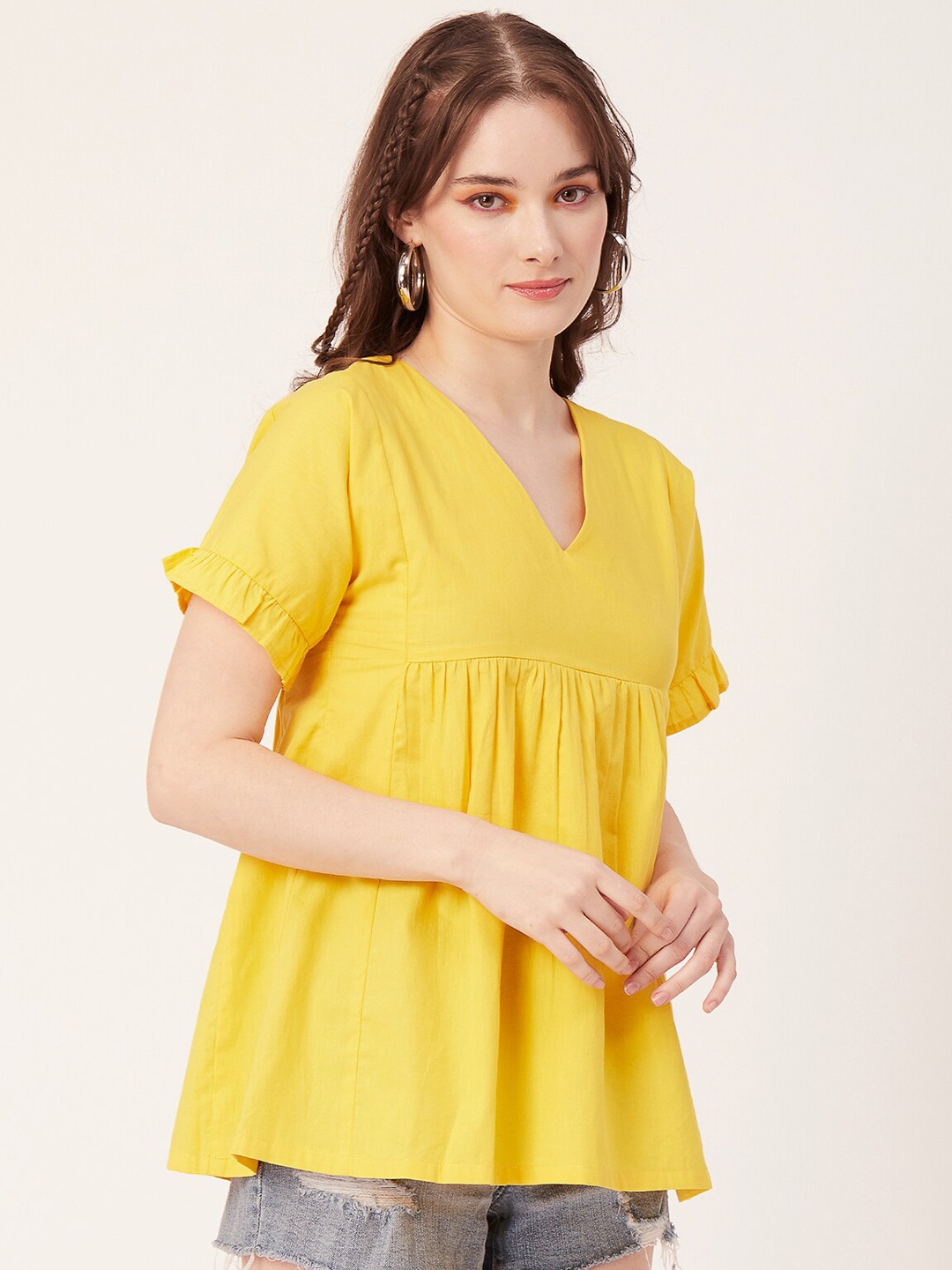 

Moomaya V-Neck Extended Sleeves Gathered Cotton Empire Top, Yellow