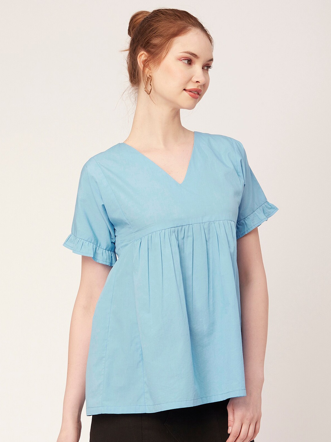 

Moomaya V-Neck Extended Sleeves Gathered Cotton Empire Top, Blue