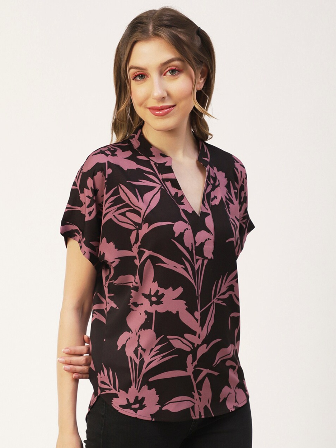 

Moomaya Floral Printed Mandarin Collar Extended Sleeves A-Line Top, Black