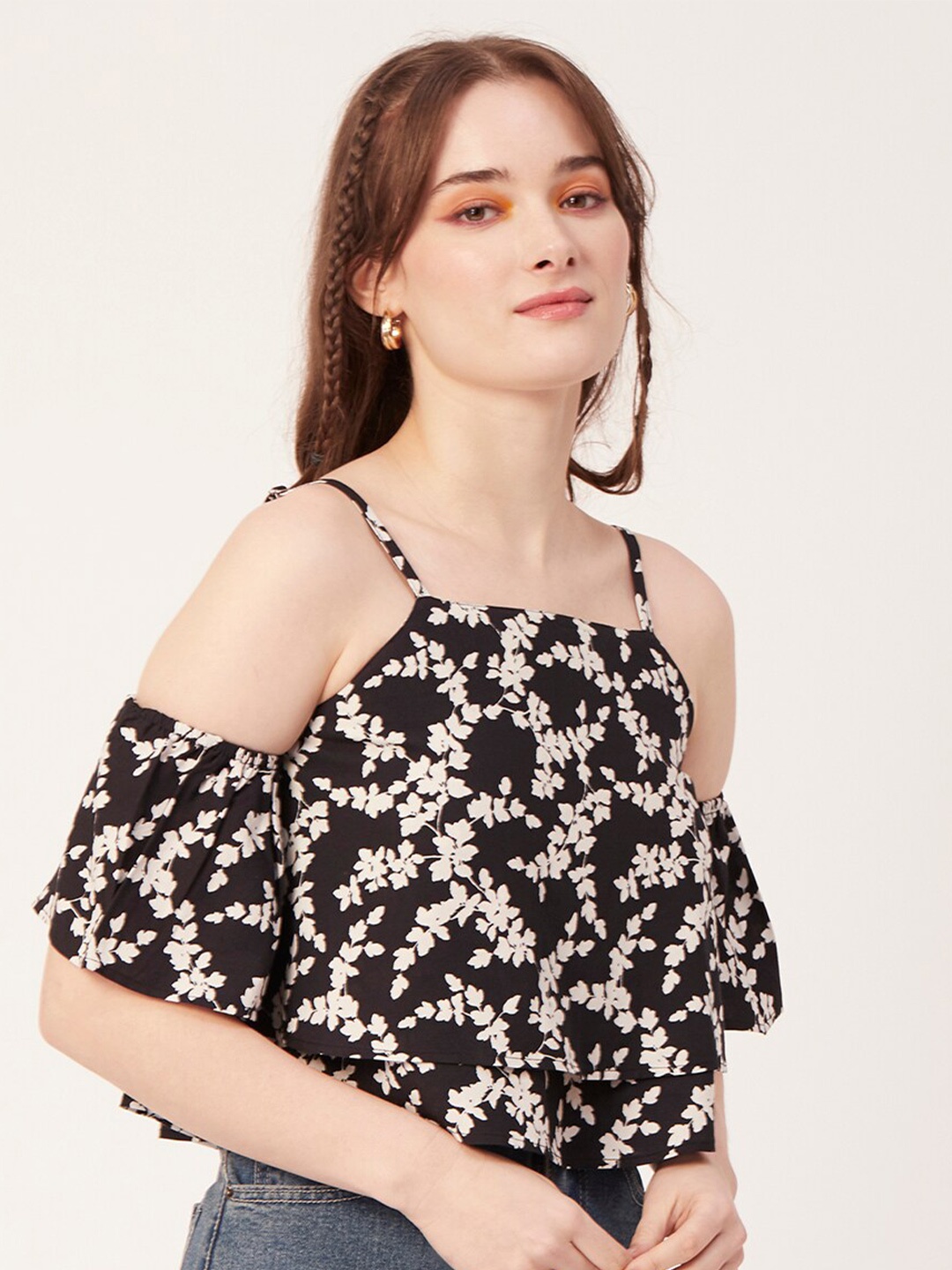 

Moomaya Floral Printed Shoulder Straps Cold-Shoulder A-Line Crop Top, Black