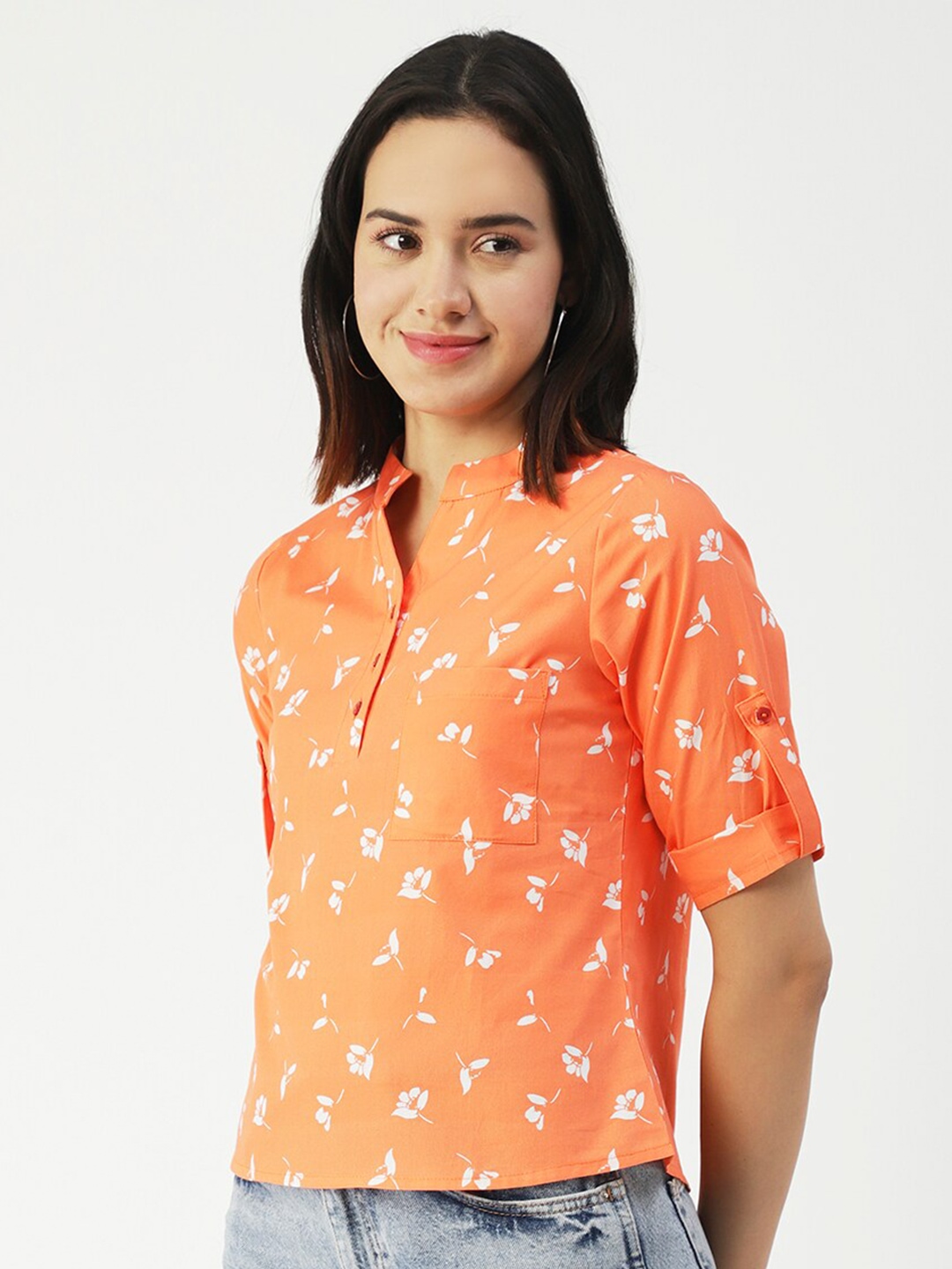 

Moomaya Floral Printed Mandarin Collar Cotton Shirt Style Top, Peach