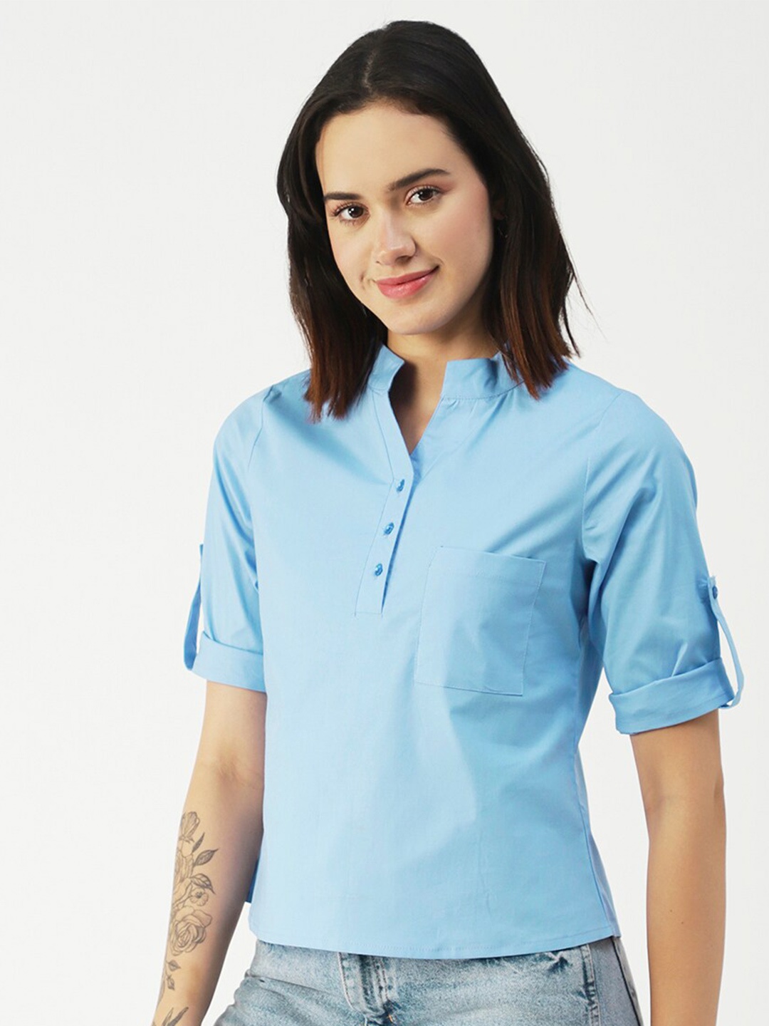 

Moomaya Blue Mandarin Collar Roll-Up Sleeves Cotton Shirt Style Top