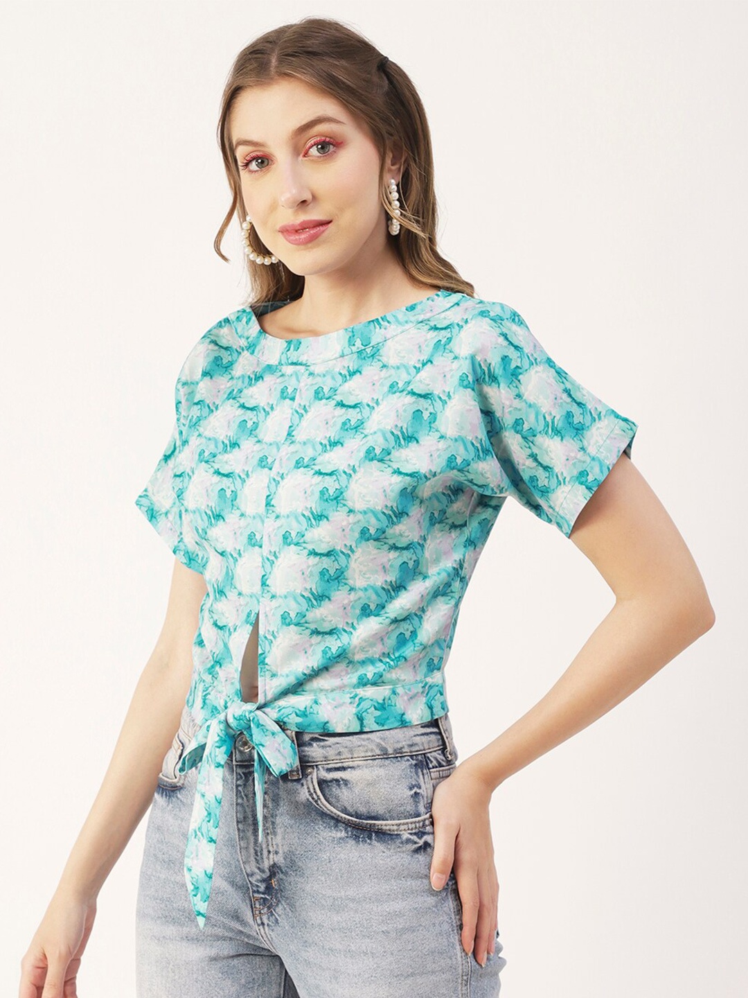 

Moomaya Floral Printed Boat Neck Extended Sleeves Top, Blue