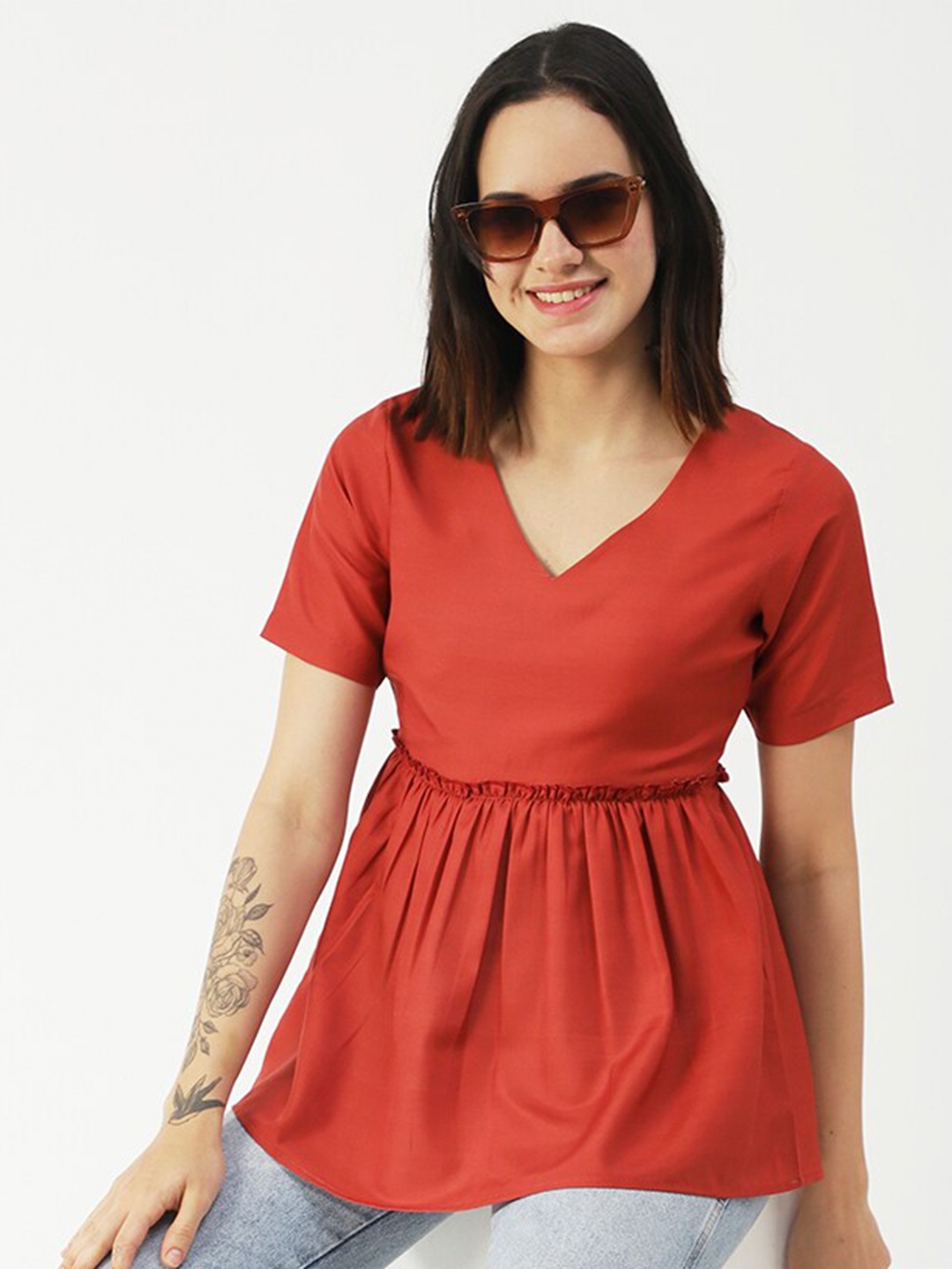 

Moomaya V-Neck Gathered or Pleated Empire Top, Red