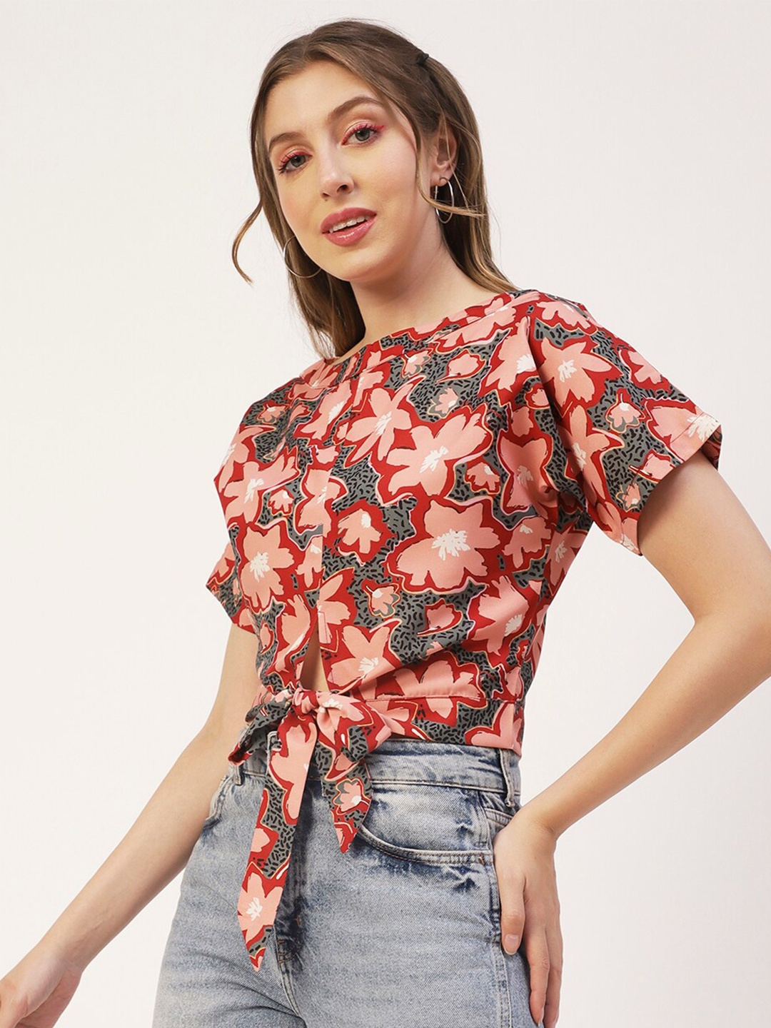 

Moomaya Floral Printed Waist-Tie-Up Detail Top, Red