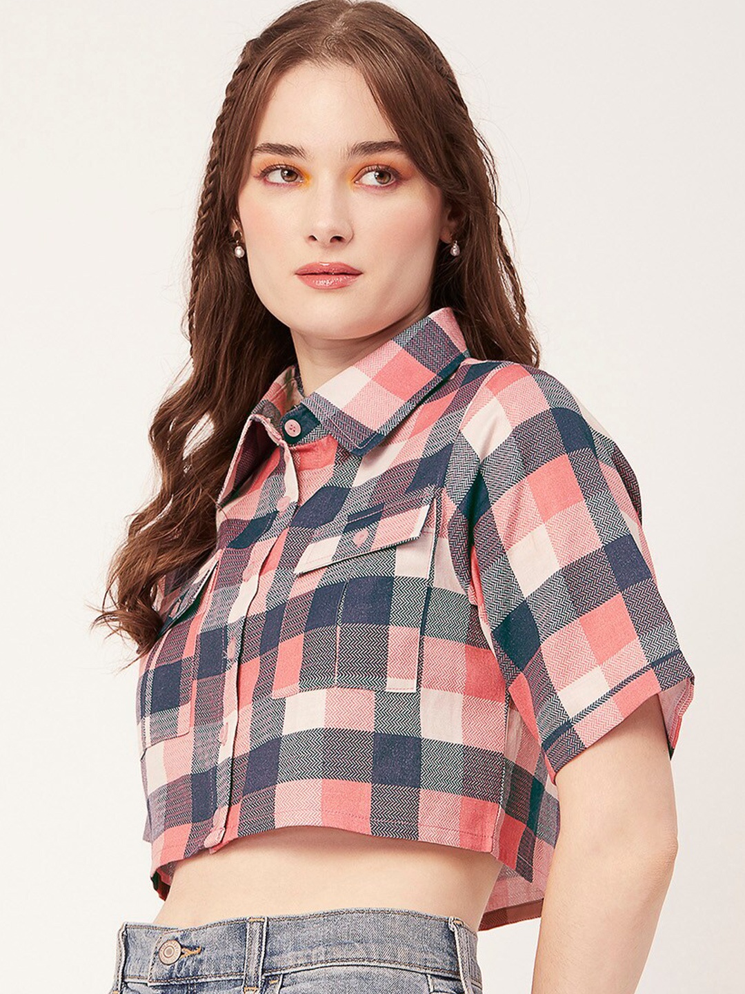 

Moomaya Checked Shirt Style Crop Top, Blue