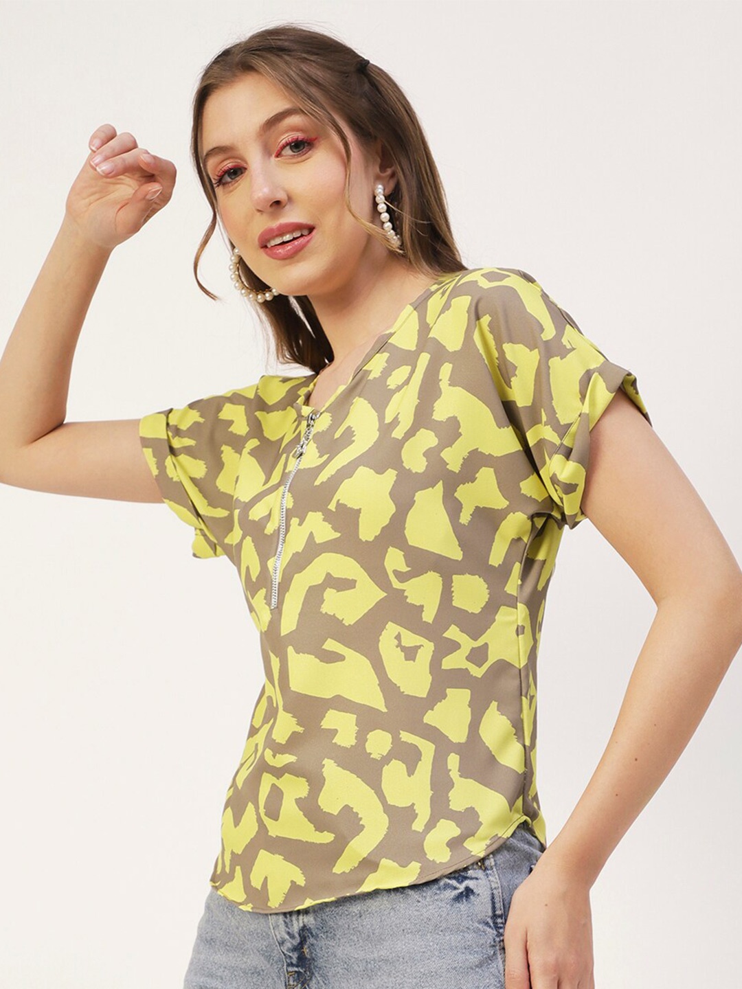 

Moomaya Abstract Printed Extended Sleeves Top, Brown