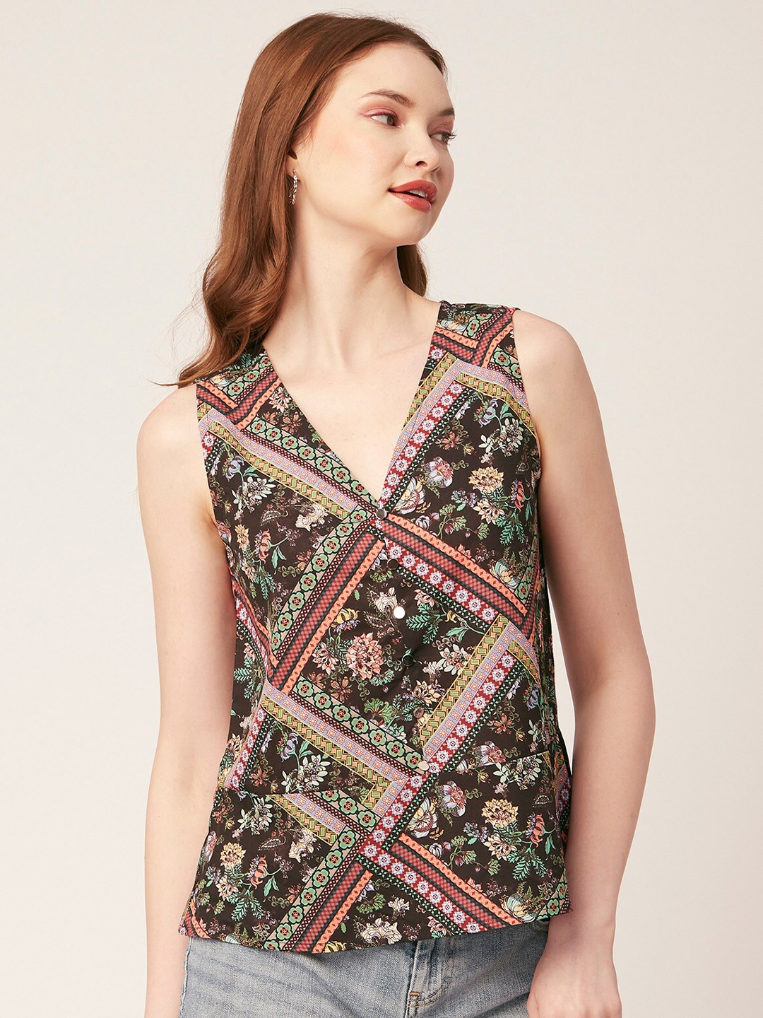 

Moomaya Floral Printed Sleeveless A-Line Top, Brown