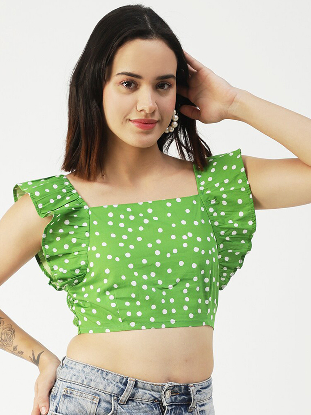 

Moomaya Geometric Printed Flutter Sleeves Cotton Crop Top, Green