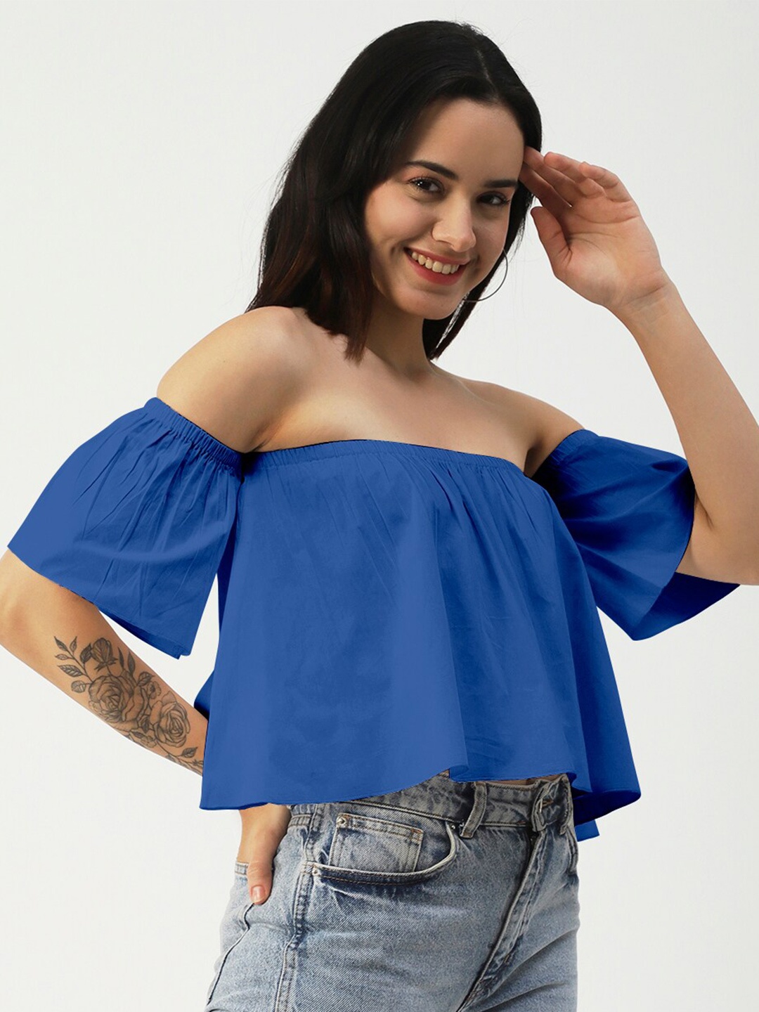 

Moomaya Off-Shoulder Flared Sleeve Cotton Bardot Top, Blue