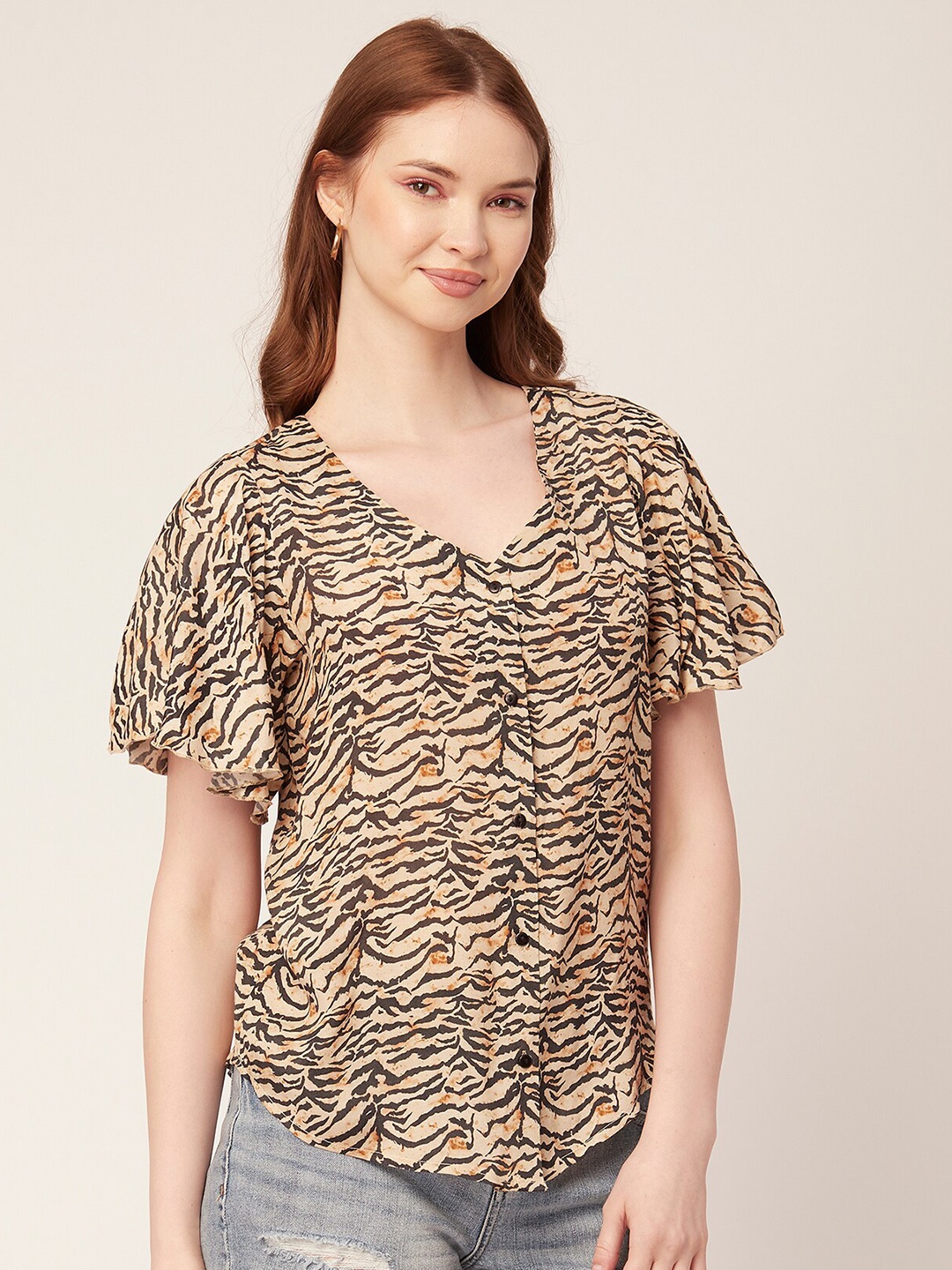 

Moomaya Animal Printed Flared Sleeves Top, Black