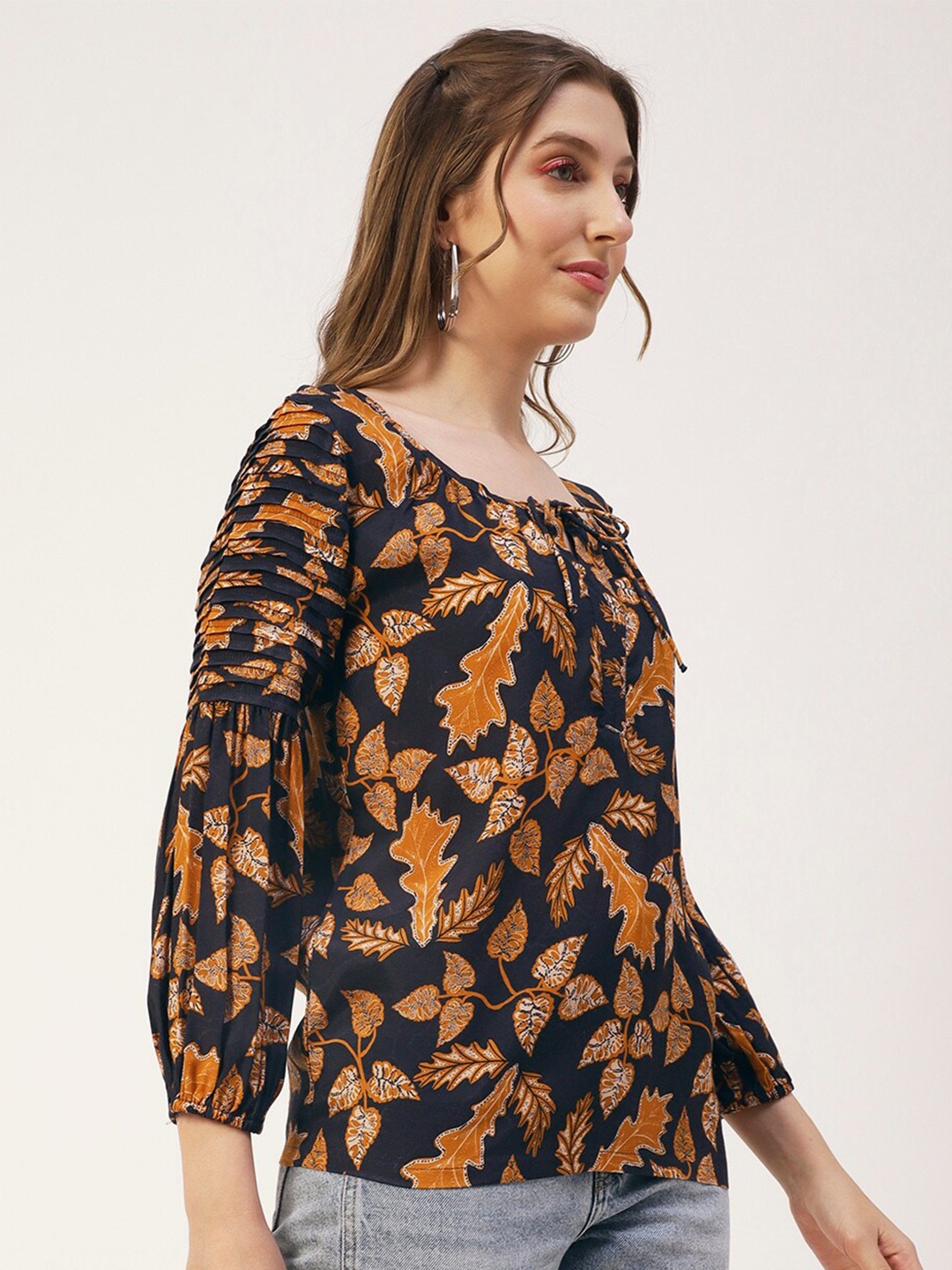 

Moomaya Floral Printed Tie-Up Neck Top, Navy blue