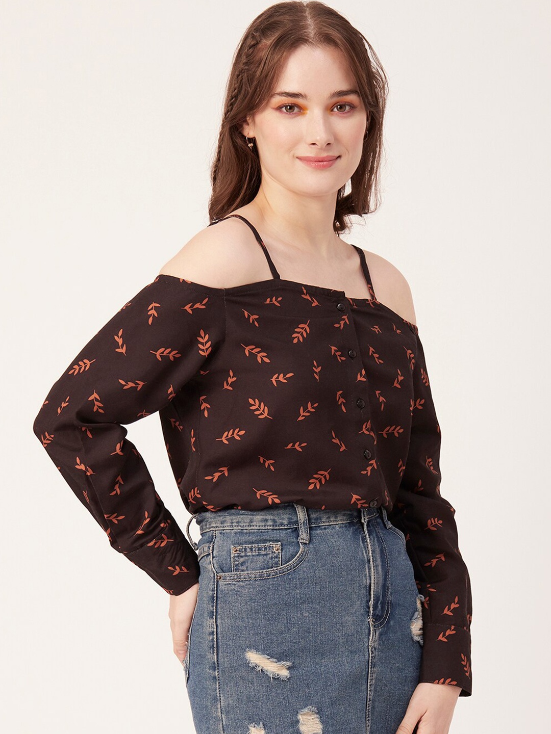 

Moomaya Floral Printed Shoulder-Straps Regular Top, Brown