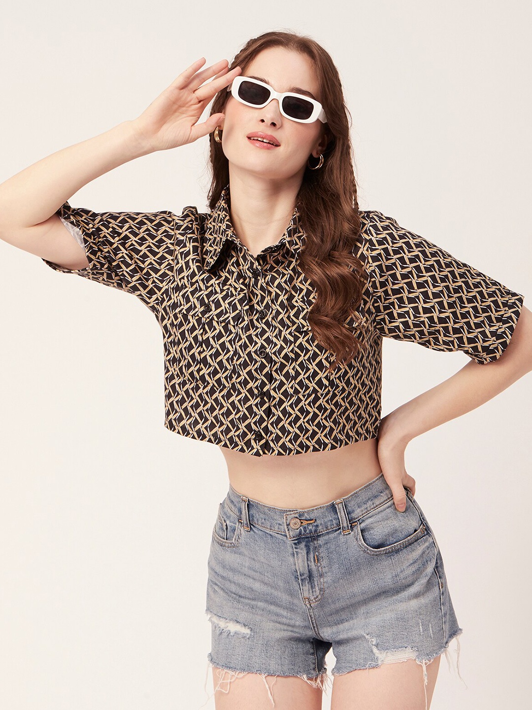 

Moomaya Geometric Printed Satin Shirt Style Crop Top, Black