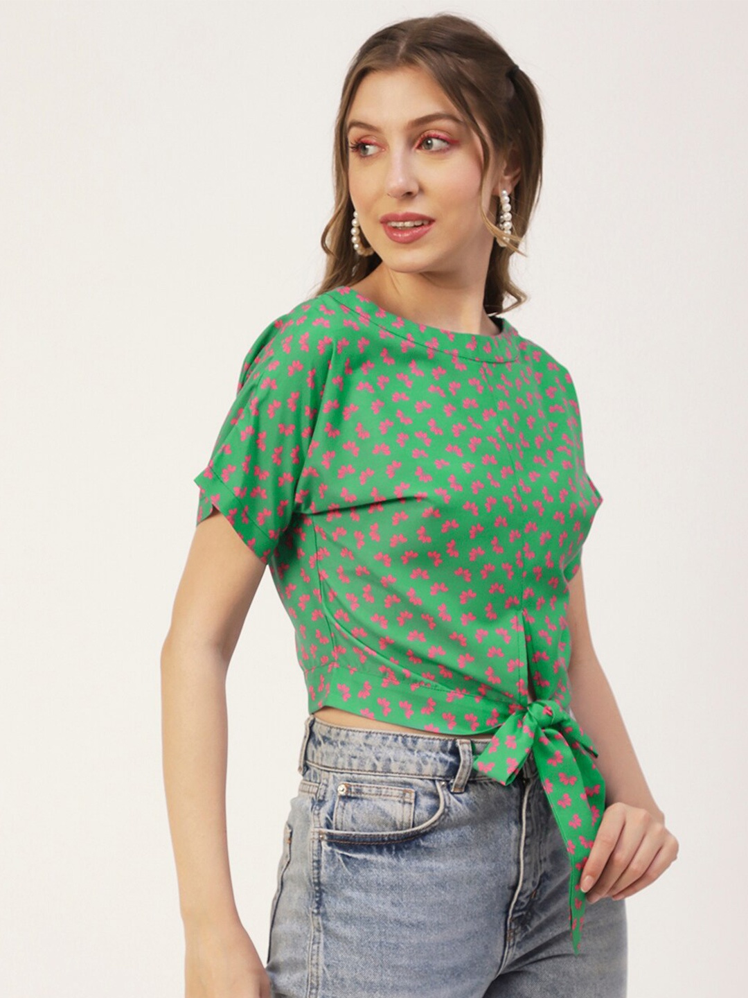 

Moomaya Floral Printed Tie-Up Top, Green