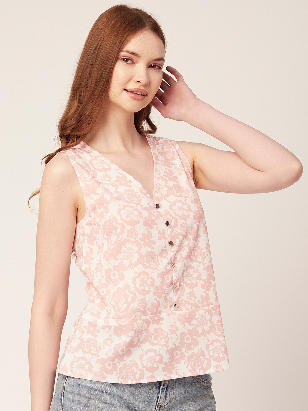 

Moomaya Floral Printed Sleeveless Crepe Top, Orange