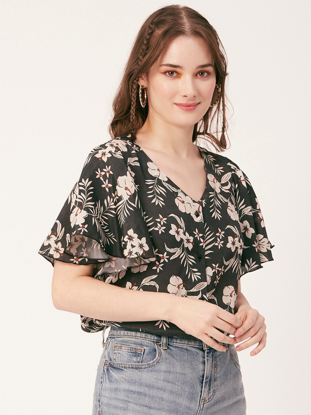 

Moomaya Floral Printed Flared Sleeve Top, Black