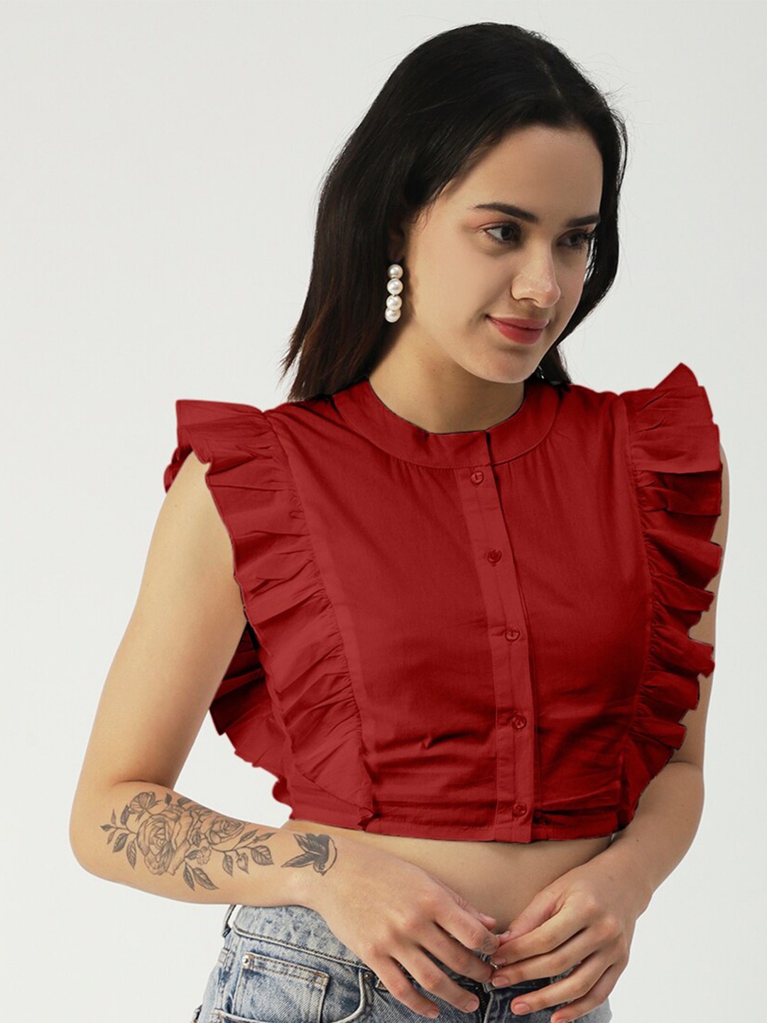 

Moomaya Flutter Sleeve Cotton Shirt Style Crop Top, Red