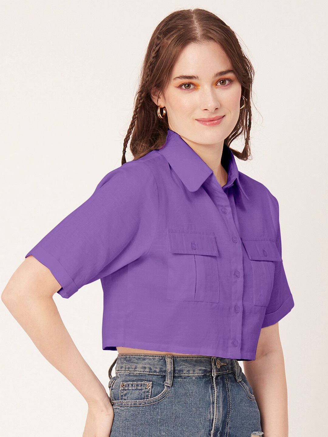 

Moomaya Shirt Style Satin Crop Top, Purple